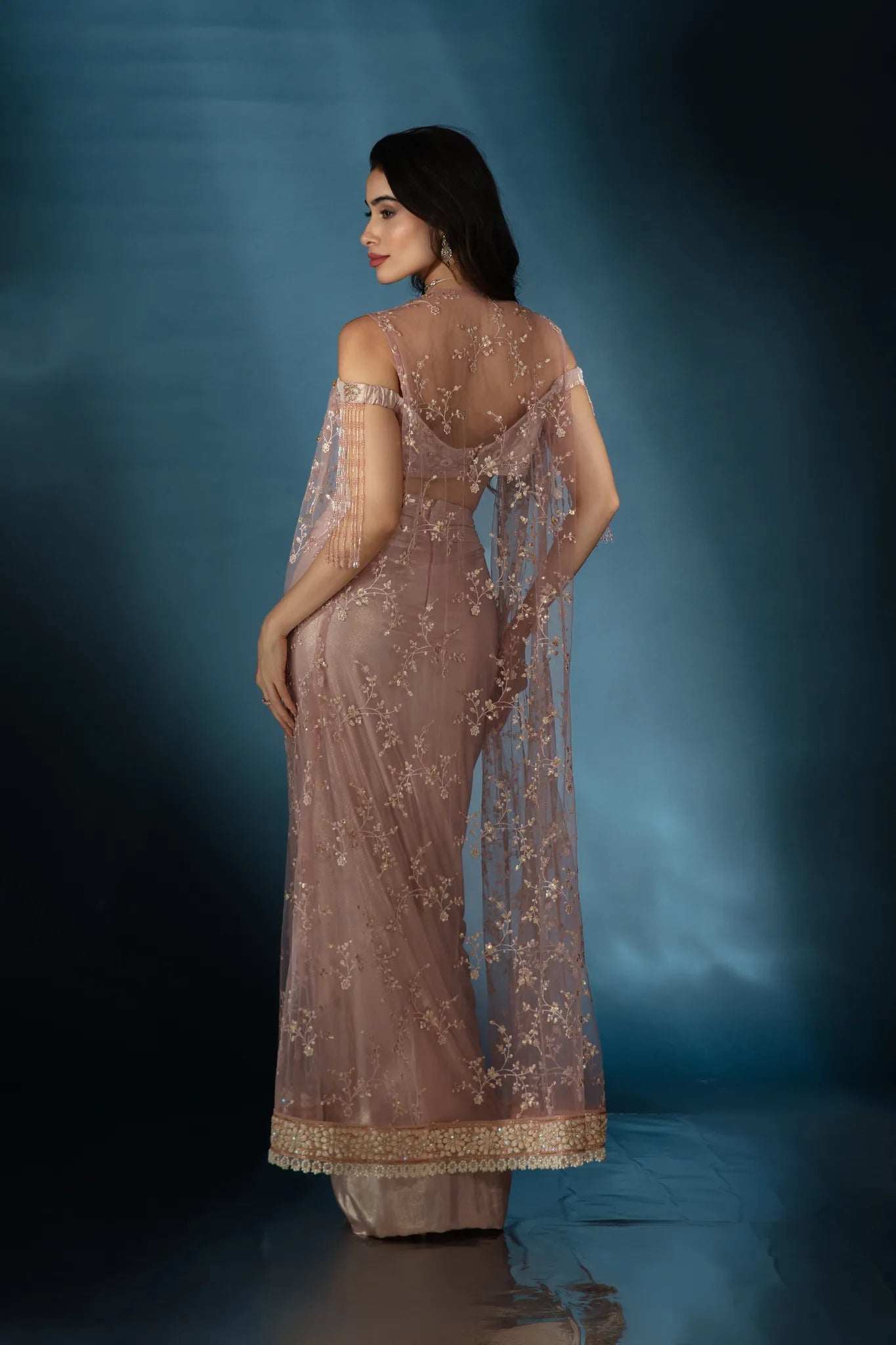Pink Liquid Luster Drape Saree with Embellished Cape - Saaj 31st12449