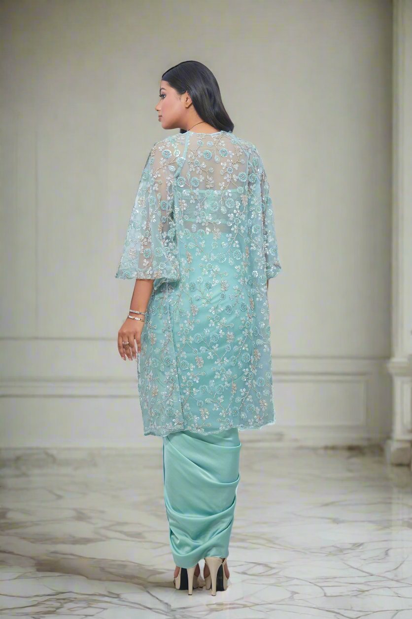 All Over Embroidered Jacket with Drape Skirt