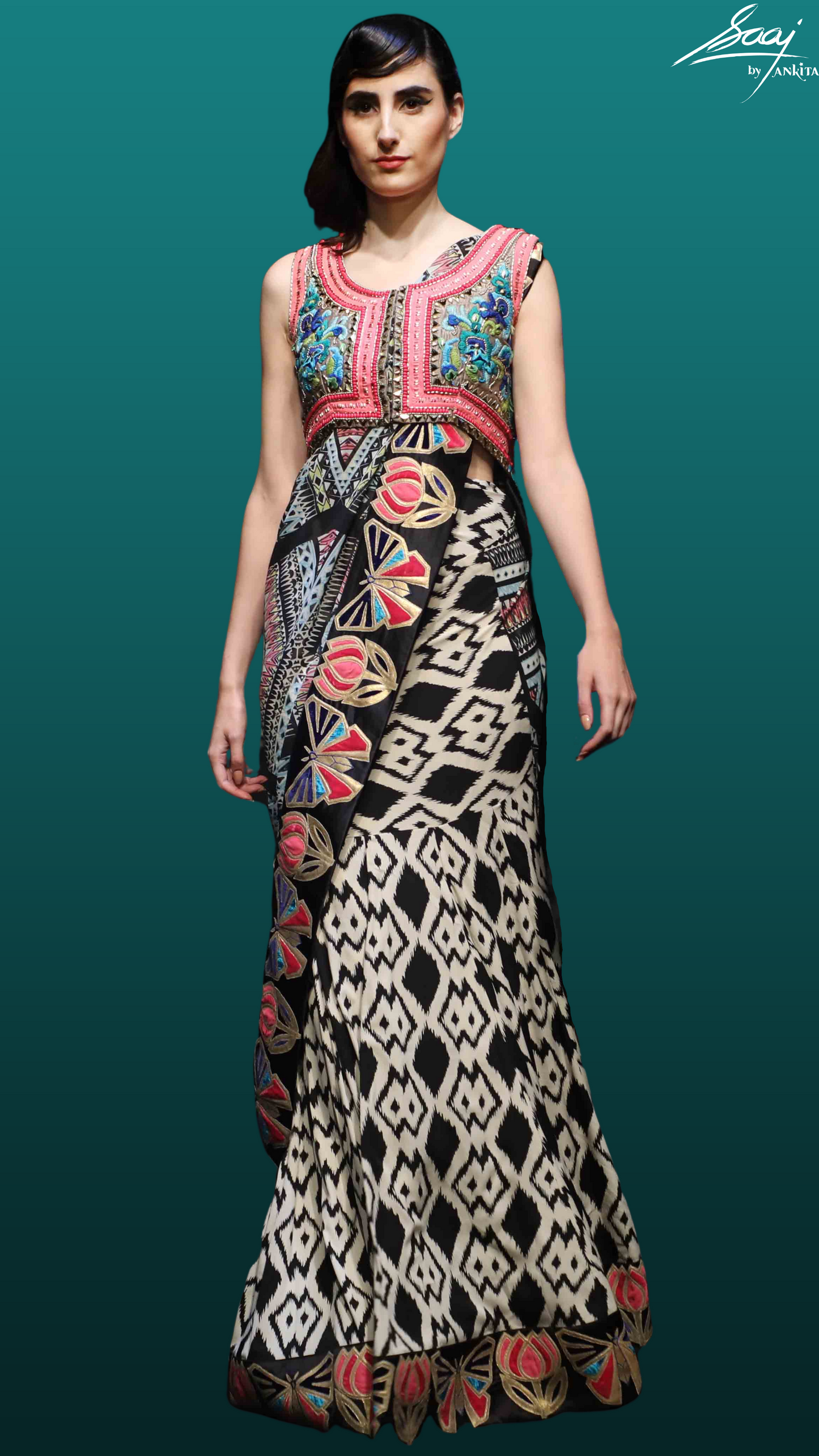 Butterfly Border Kalidaar Saree in Black & White Ikat Print - Saaj By Ankita