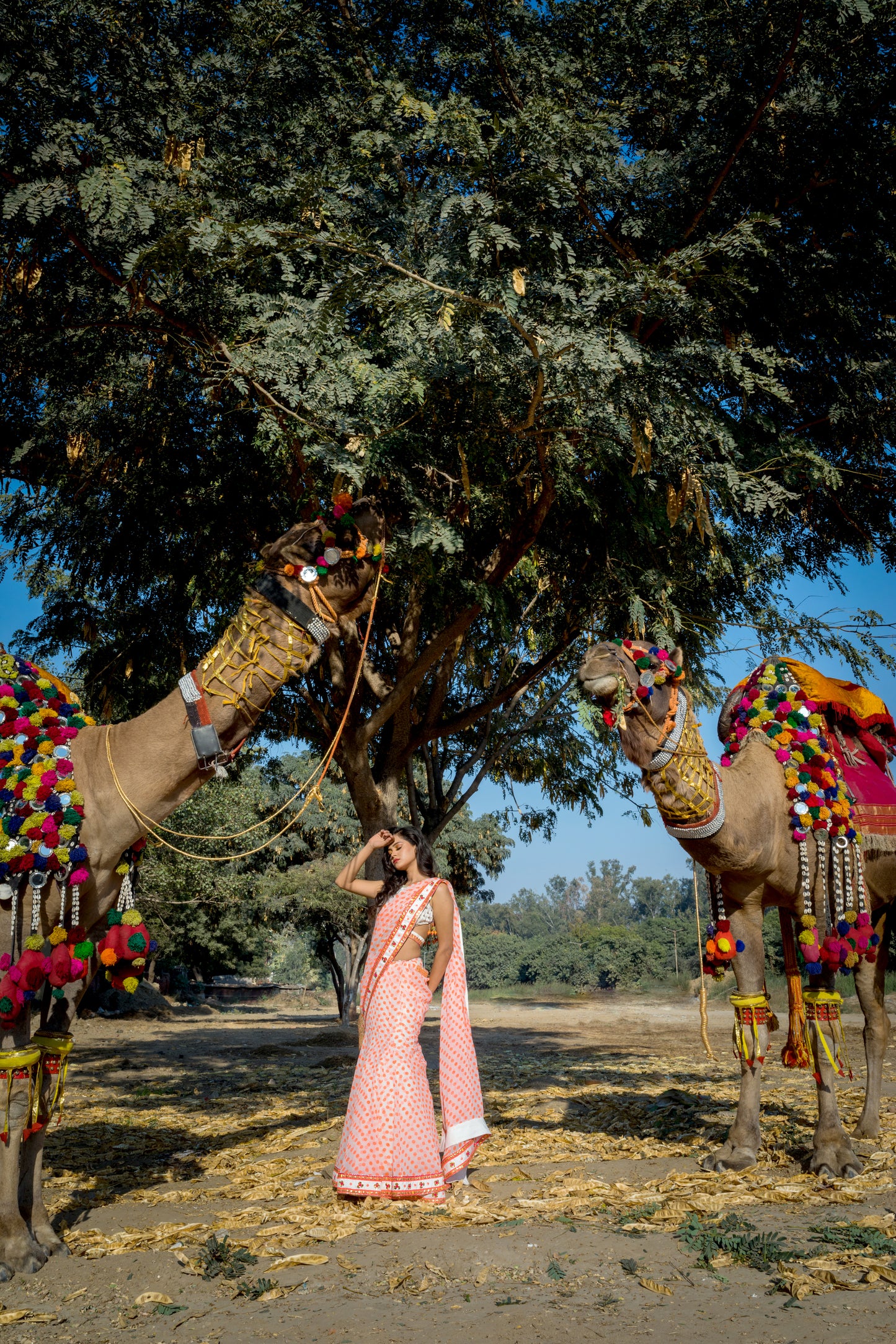 Lehenga-Saree in Neon Polka Printed Chiffon - Saaj By Ankita
