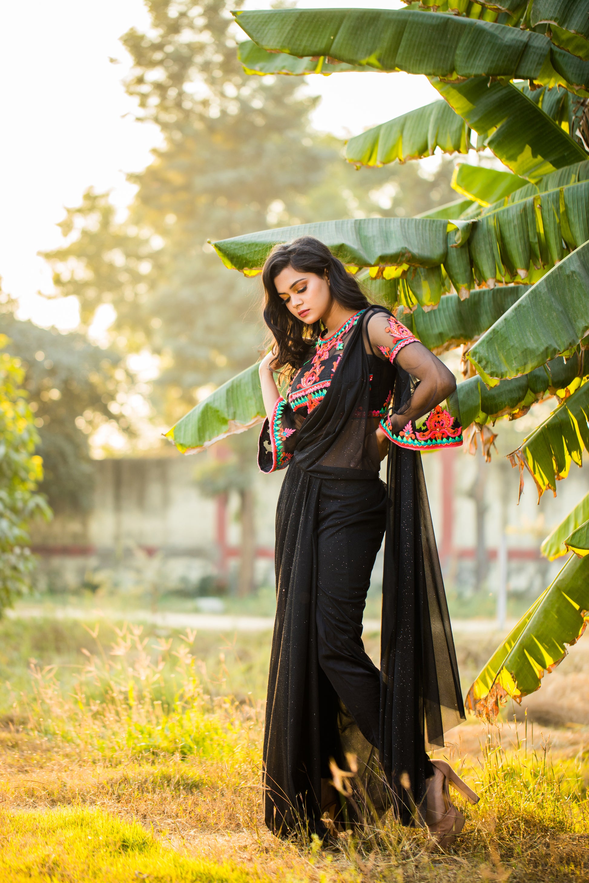 Pre-Draped Pant-Sari in Glitter Jersey - Saaj By Ankita