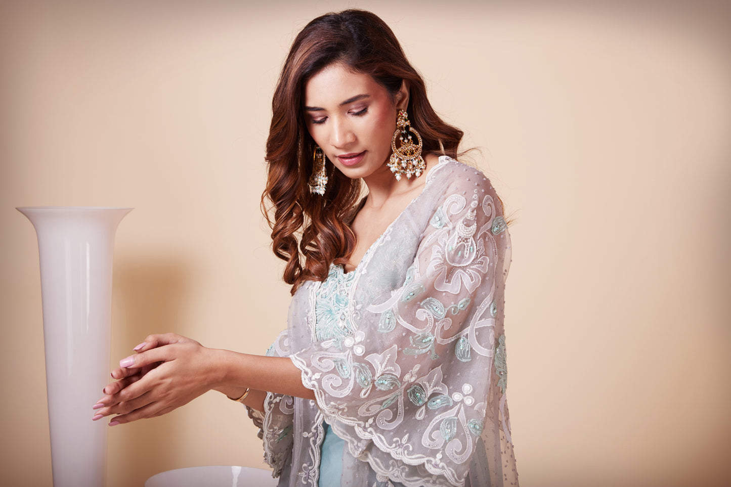 Three Piece Co-ord with Drape Skirt & Organza Jacket