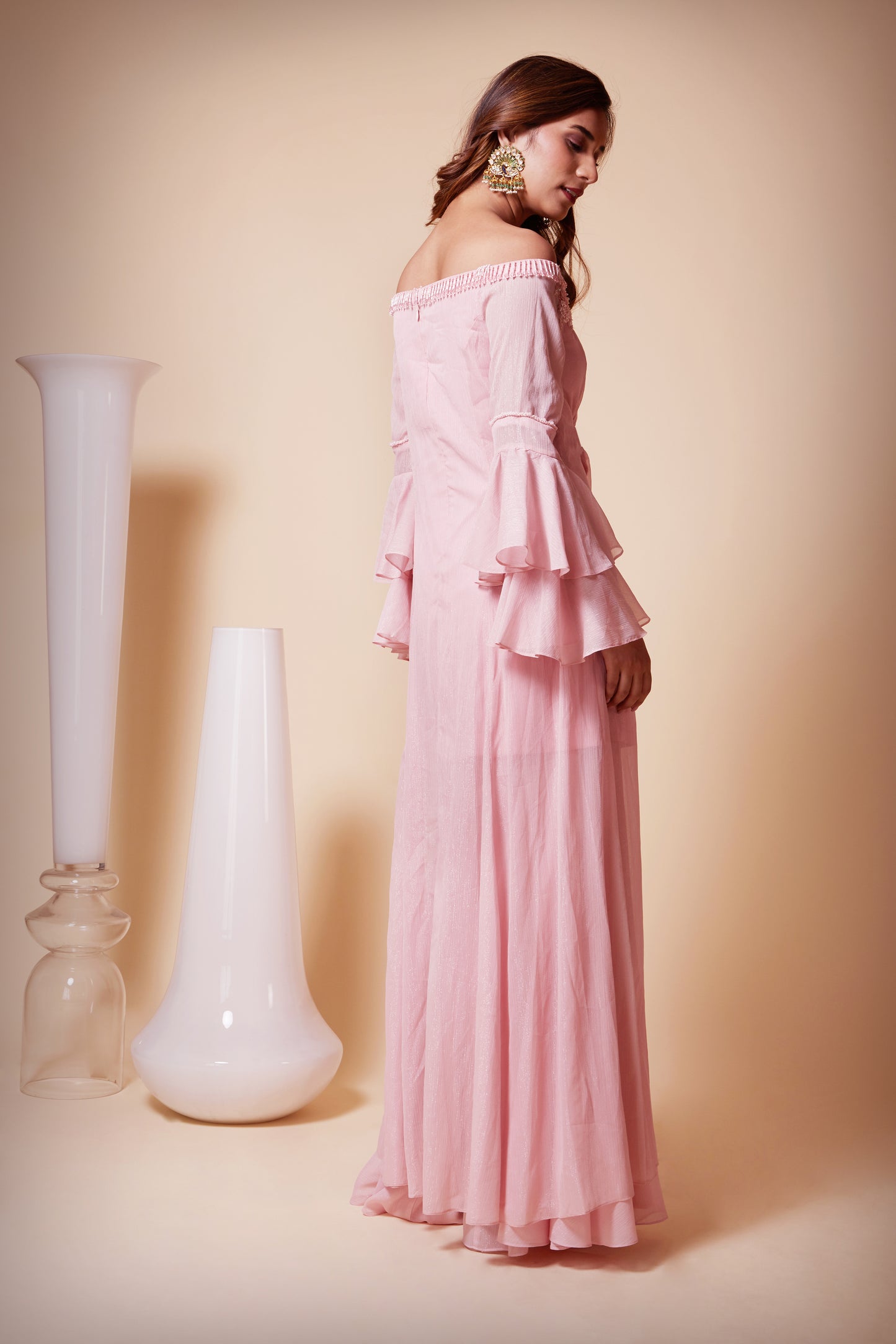 Off-Shoulder Uneven Hem Shirt with Sharara Pants