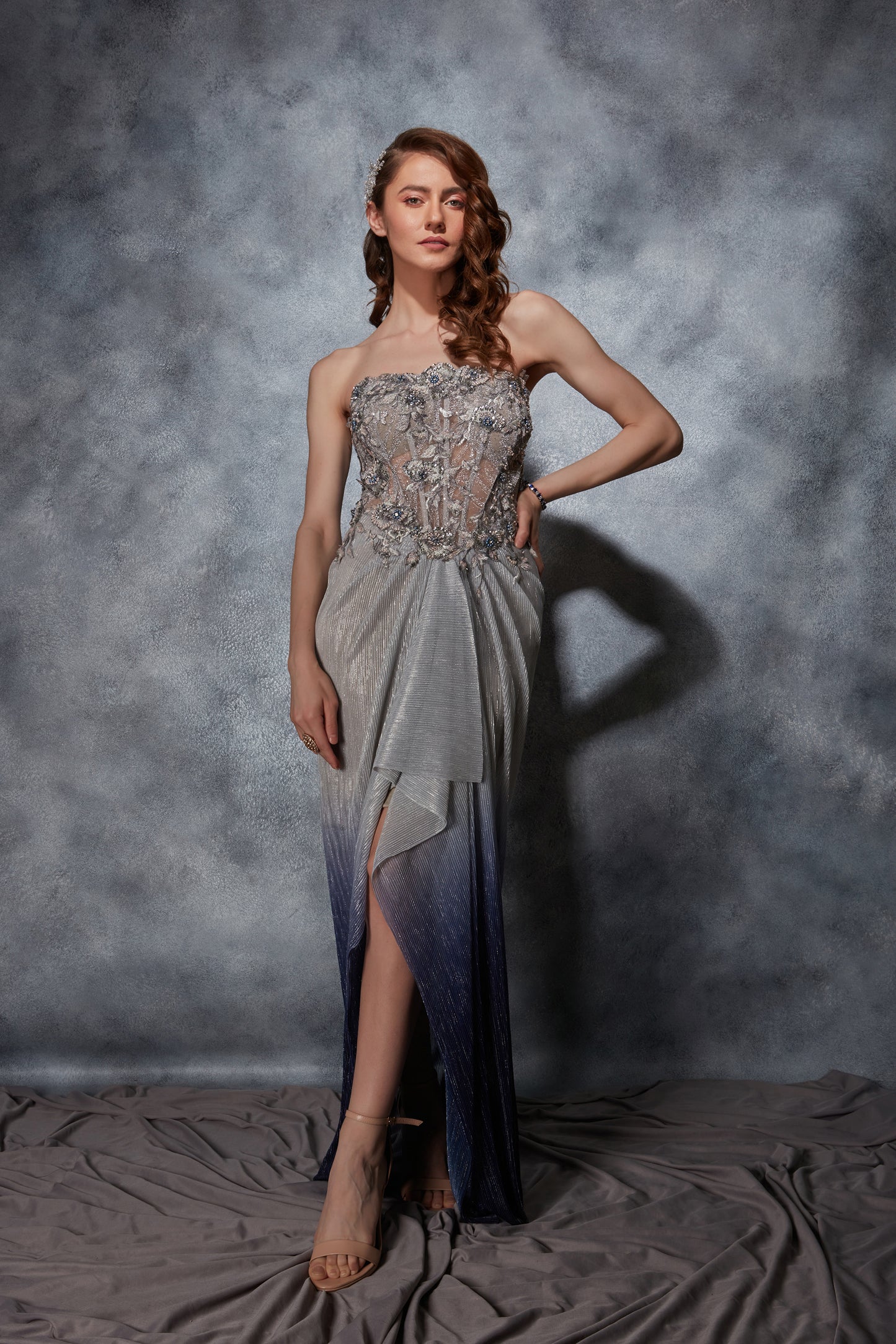 Corset Gown with Ombre Drape