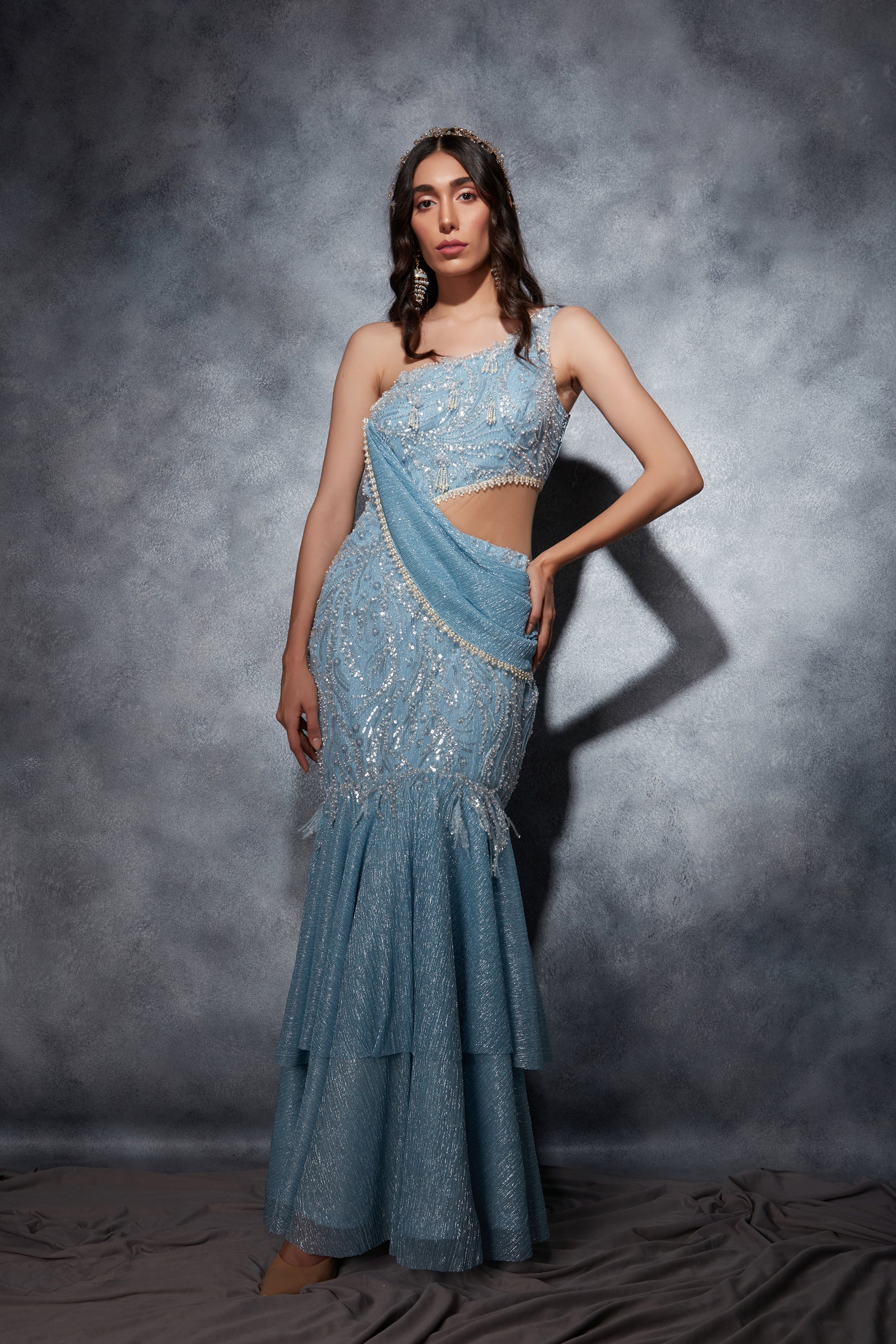 one shoulder saree dress BLUE GEOMETRIC PRINT ONE SHOULDER SAREE WITH PANTS