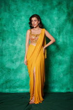 Load image into Gallery viewer, Pre-stitched Saree with Slit Teamed with Embroidered Blouse
