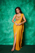 Load image into Gallery viewer, Pre-stitched Saree with Slit Teamed with Embroidered Blouse
