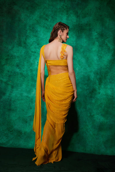 Buy Peach Organza Round Pre-draped Fish Cut Saree Gown For Women by Mandira  Wirk Online at Aza Fashions.