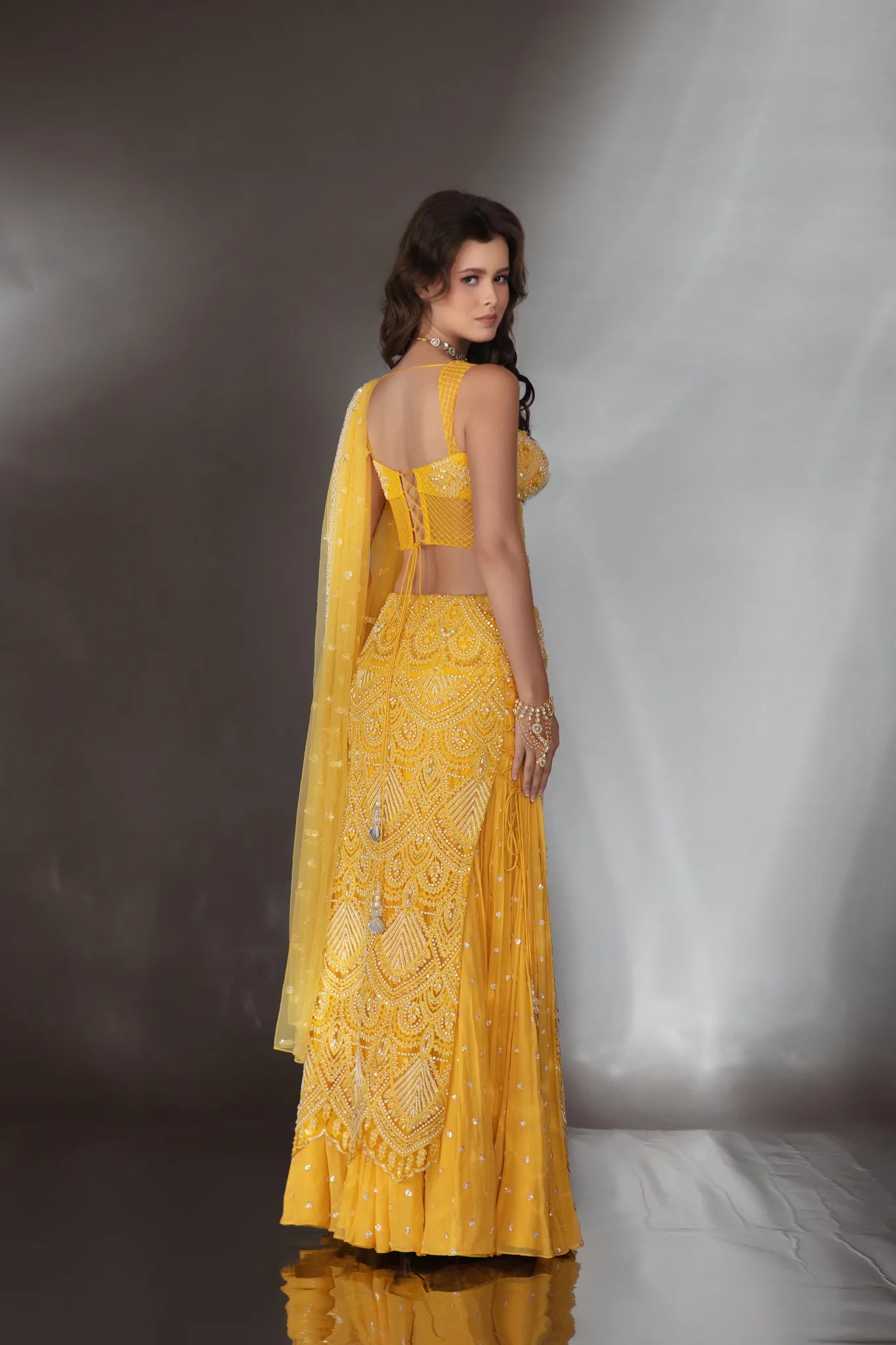 Sunlit Yellow Embroidered Corset Lehenga Set - Saaj 31st10124
