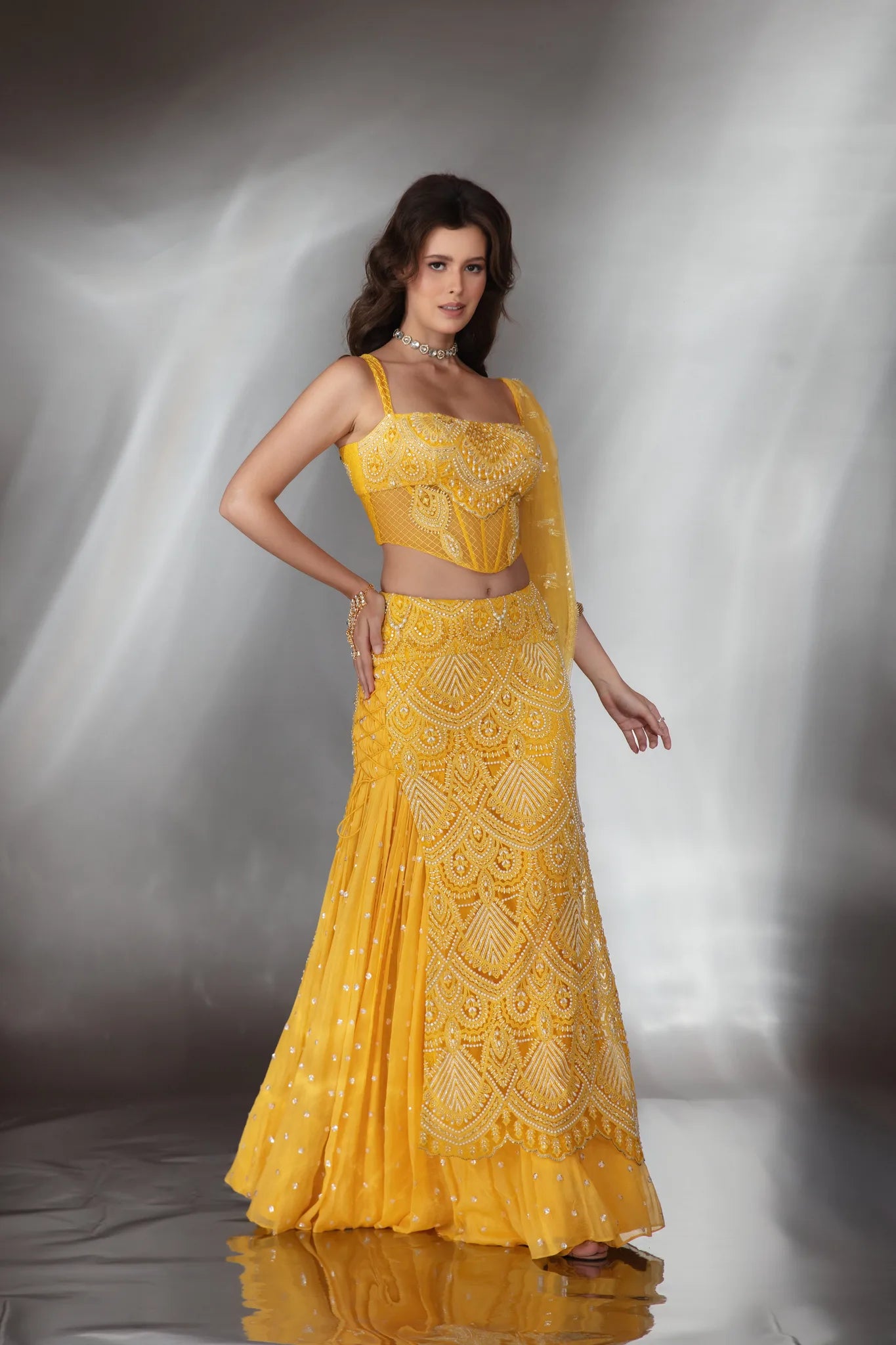 Sunlit Yellow Embroidered Corset Lehenga Set - Saaj 31st10142