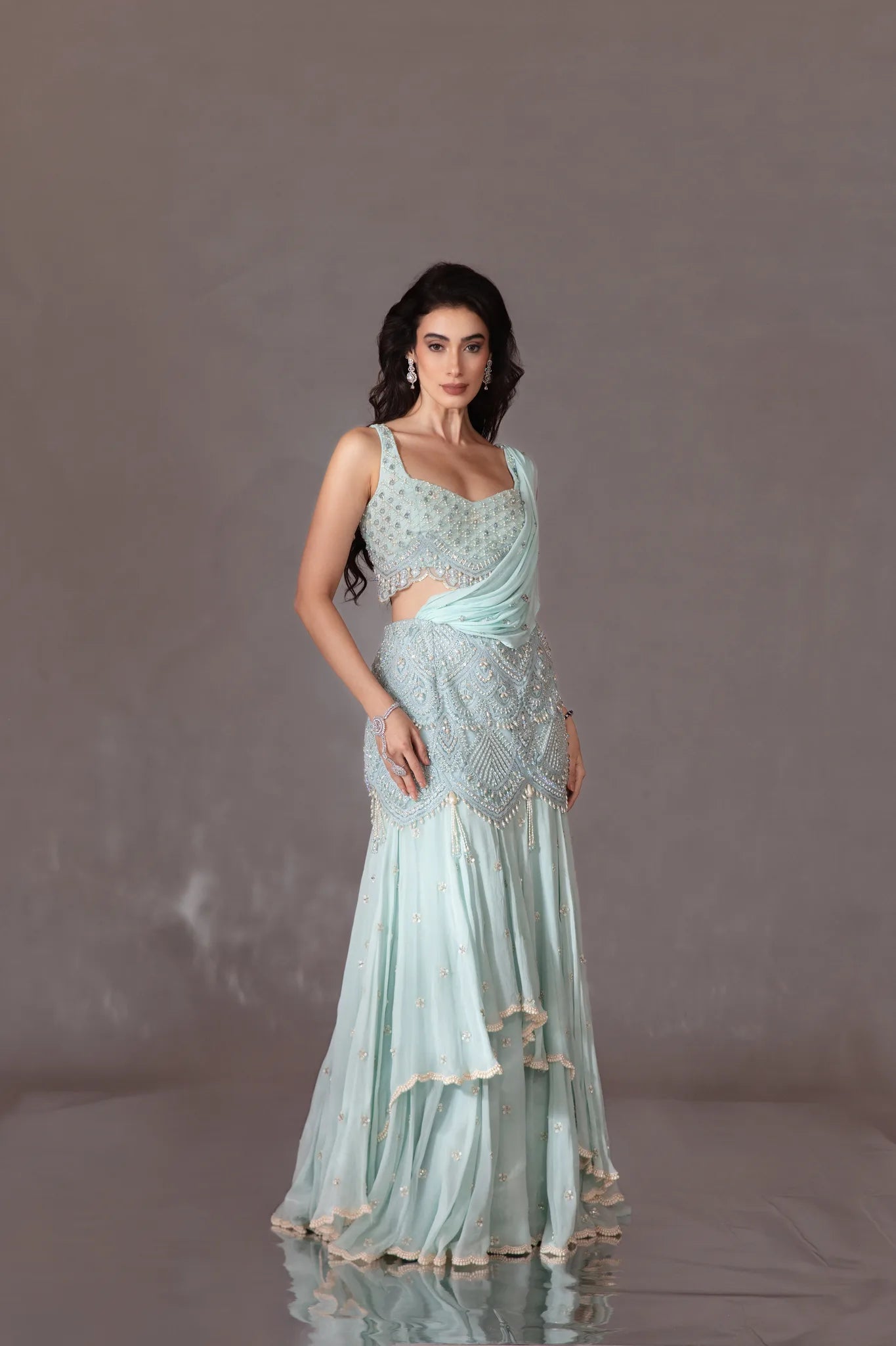 Powder Blue Embroidered Lehenga Saree Set - Saaj 31st10146