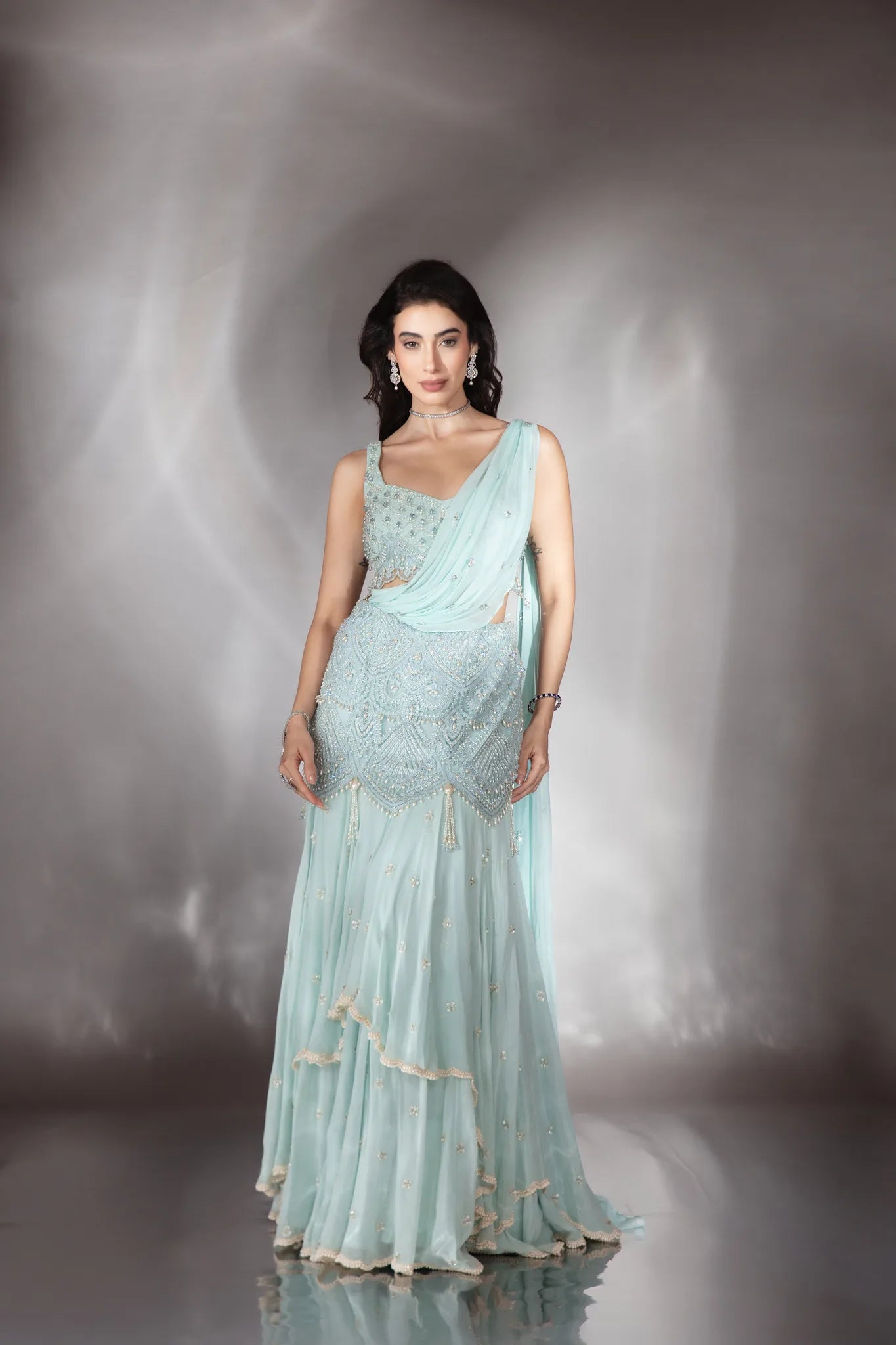 Powder Blue Embroidered Lehenga Saree Set - Saaj 31st10147