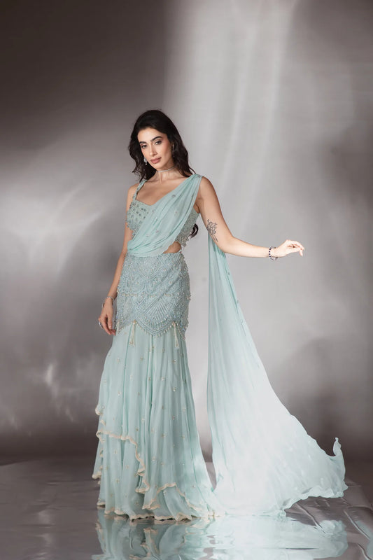 Powder Blue Embroidered Lehenga Saree Set - Saaj 31st10162