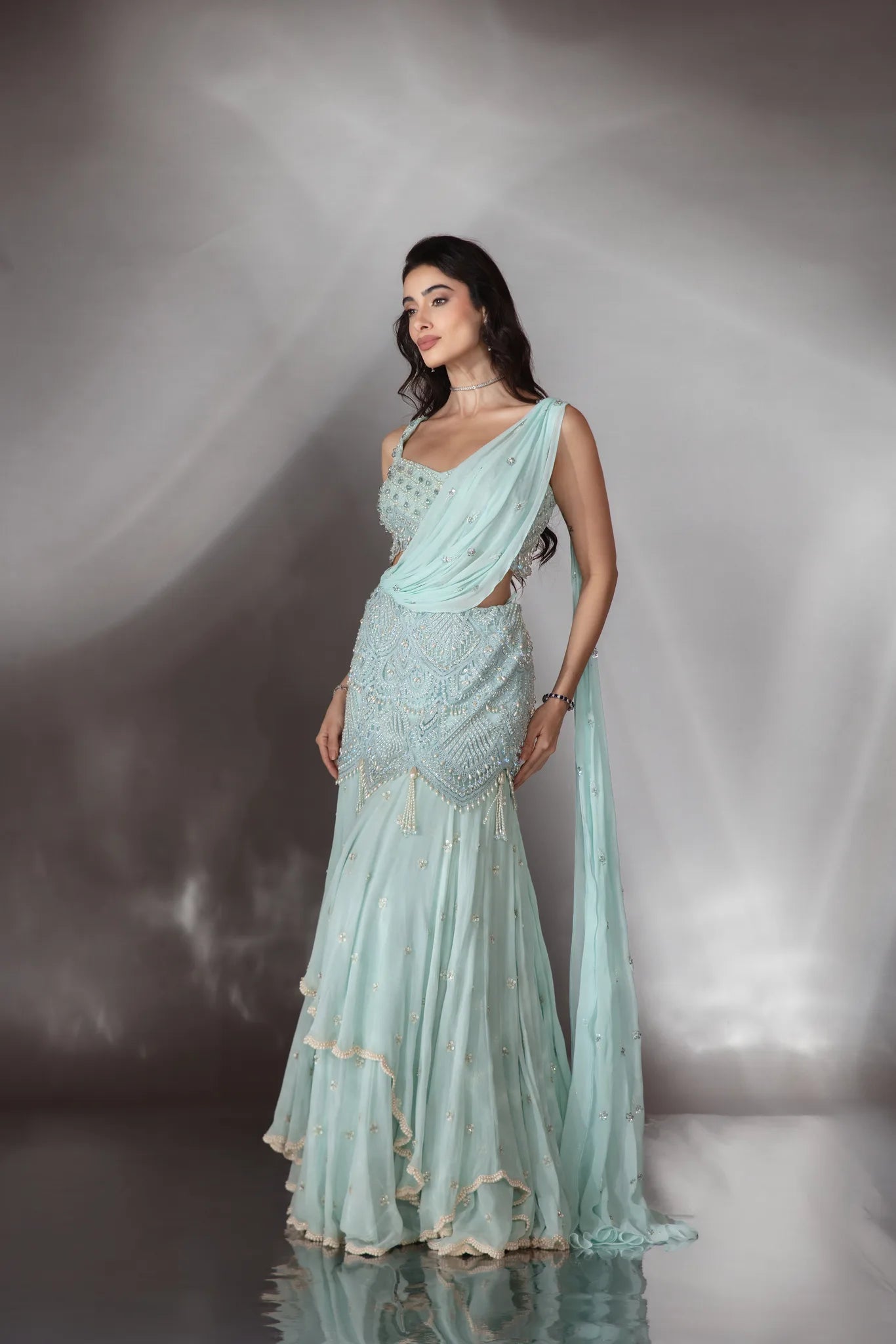 Powder Blue Embroidered Lehenga Saree Set - Saaj 31st10165