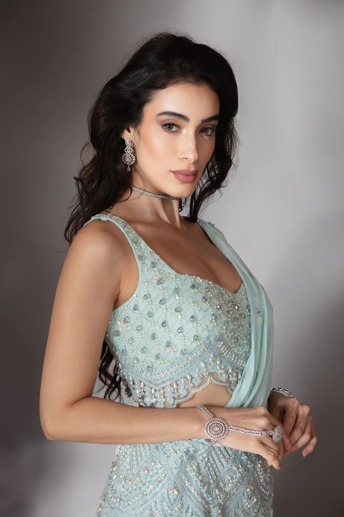 Powder Blue Embroidered Lehenga Saree Set - Saaj 31st10195