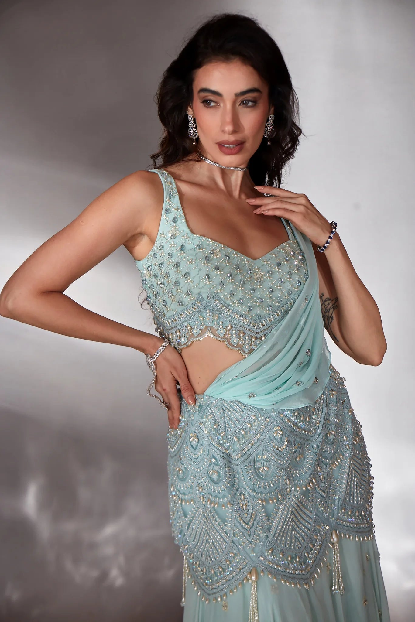 Powder Blue Embroidered Lehenga Saree Set - Saaj 31st10236