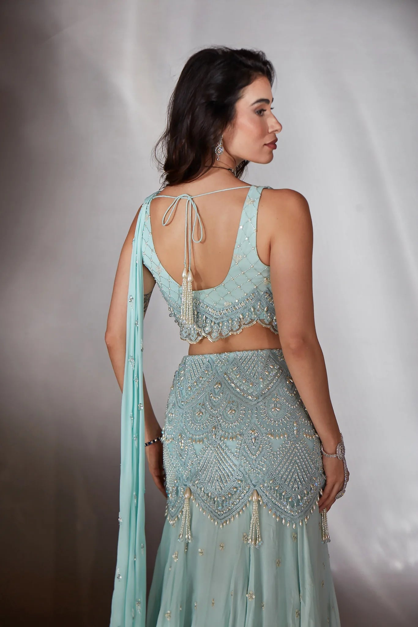 Powder Blue Embroidered Lehenga Saree Set - Saaj 31st10240