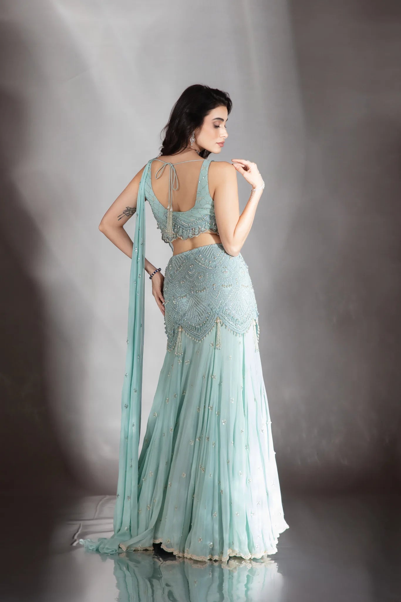 Powder Blue Embroidered Lehenga Saree Set - Saaj 31st10251