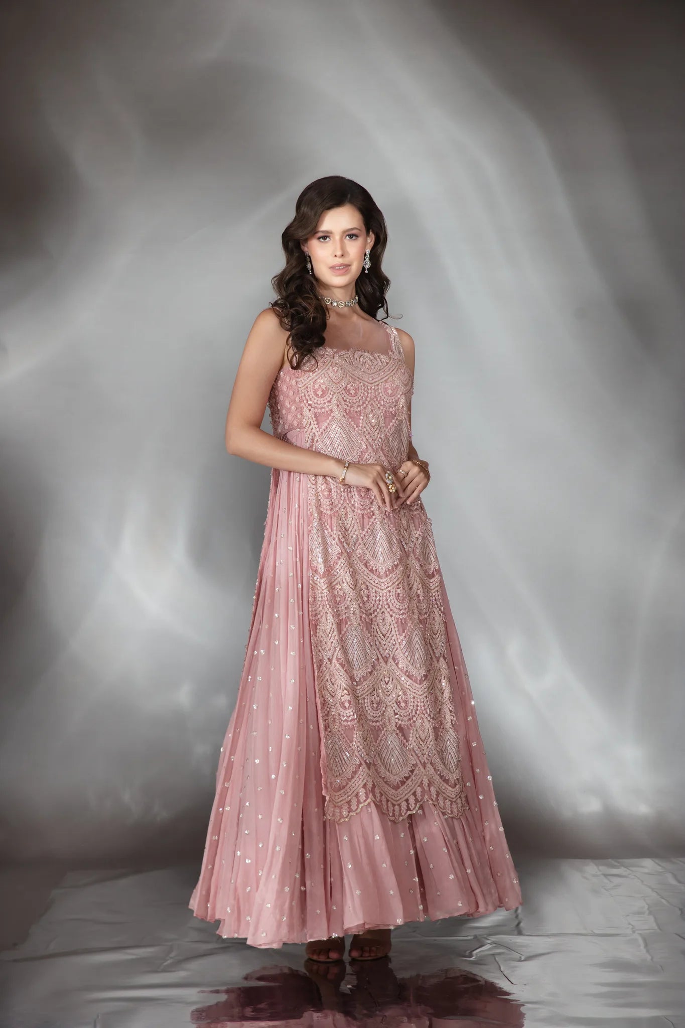 Rose Blush Embroidered Layered Anarkali Set - Saaj 31st10264