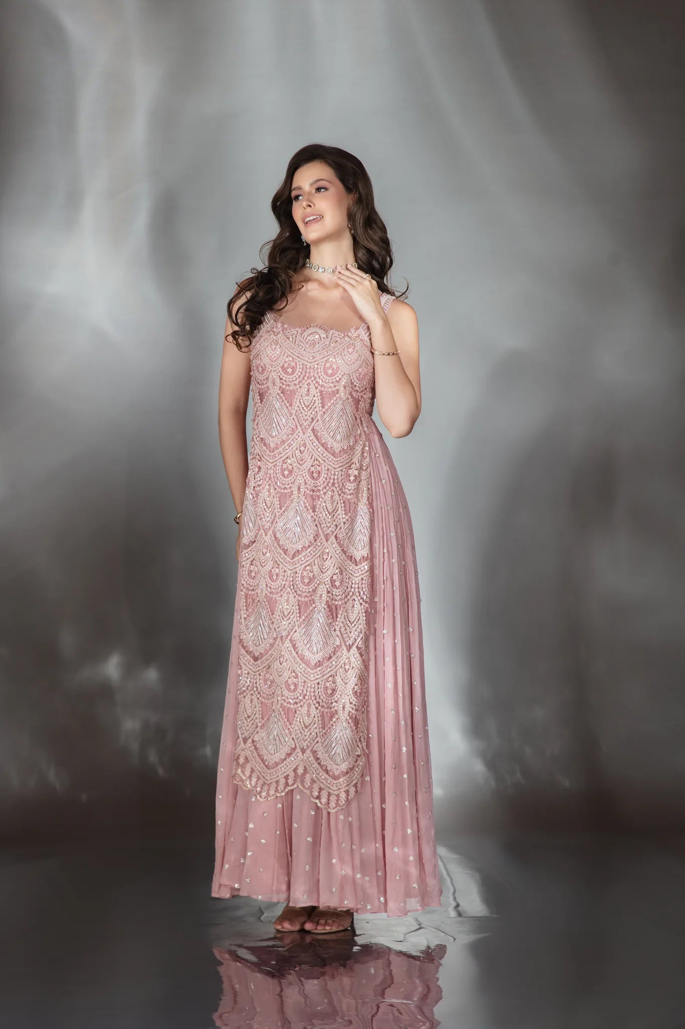 Rose Blush Embroidered Layered Anarkali Set - Saaj 31st10291