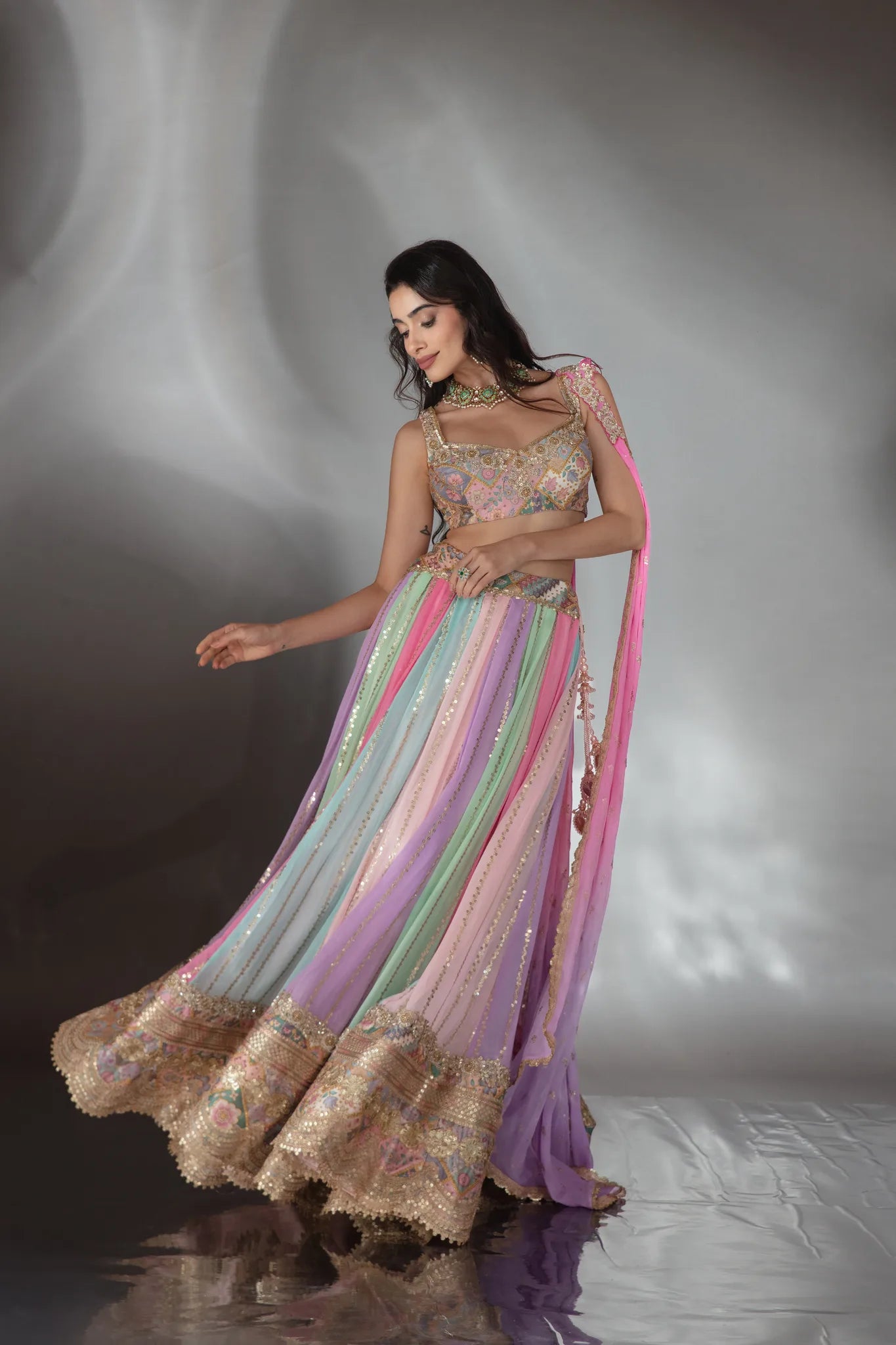 Pastel Multi-Colour Embroidered Kali Lehenga Set - Saaj 31st10382