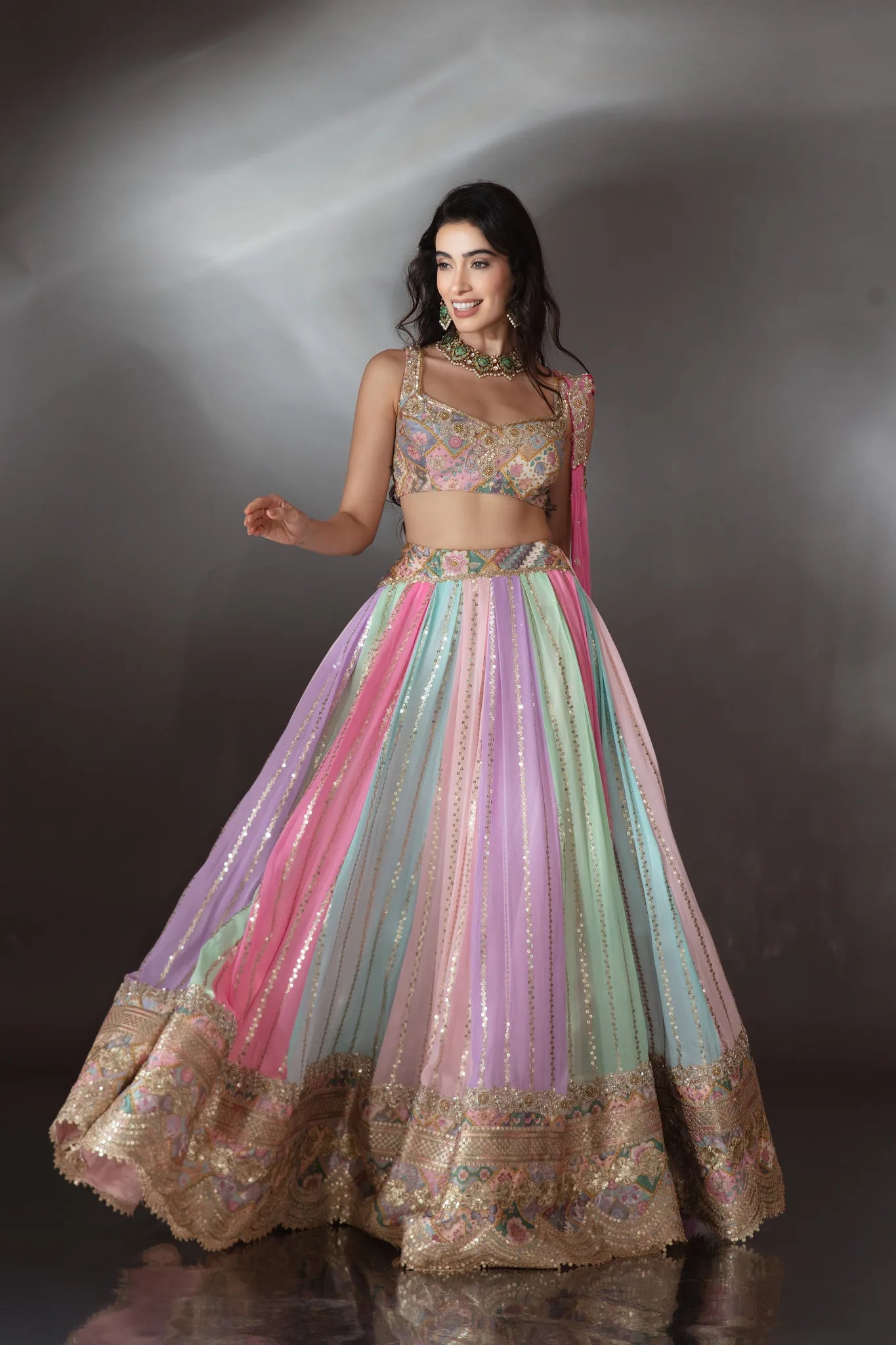 Pastel Multi-Colour Embroidered Kali Lehenga Set - Saaj 31st10383