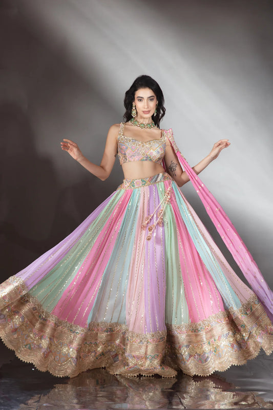 Pastel Multi-Colour Embroidered Kali Lehenga Set - Saaj 31st10385