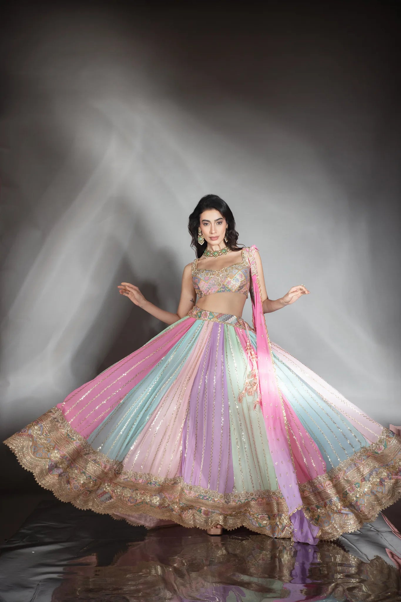 Pastel Multi-Colour Embroidered Kali Lehenga Set - Saaj 31st10387