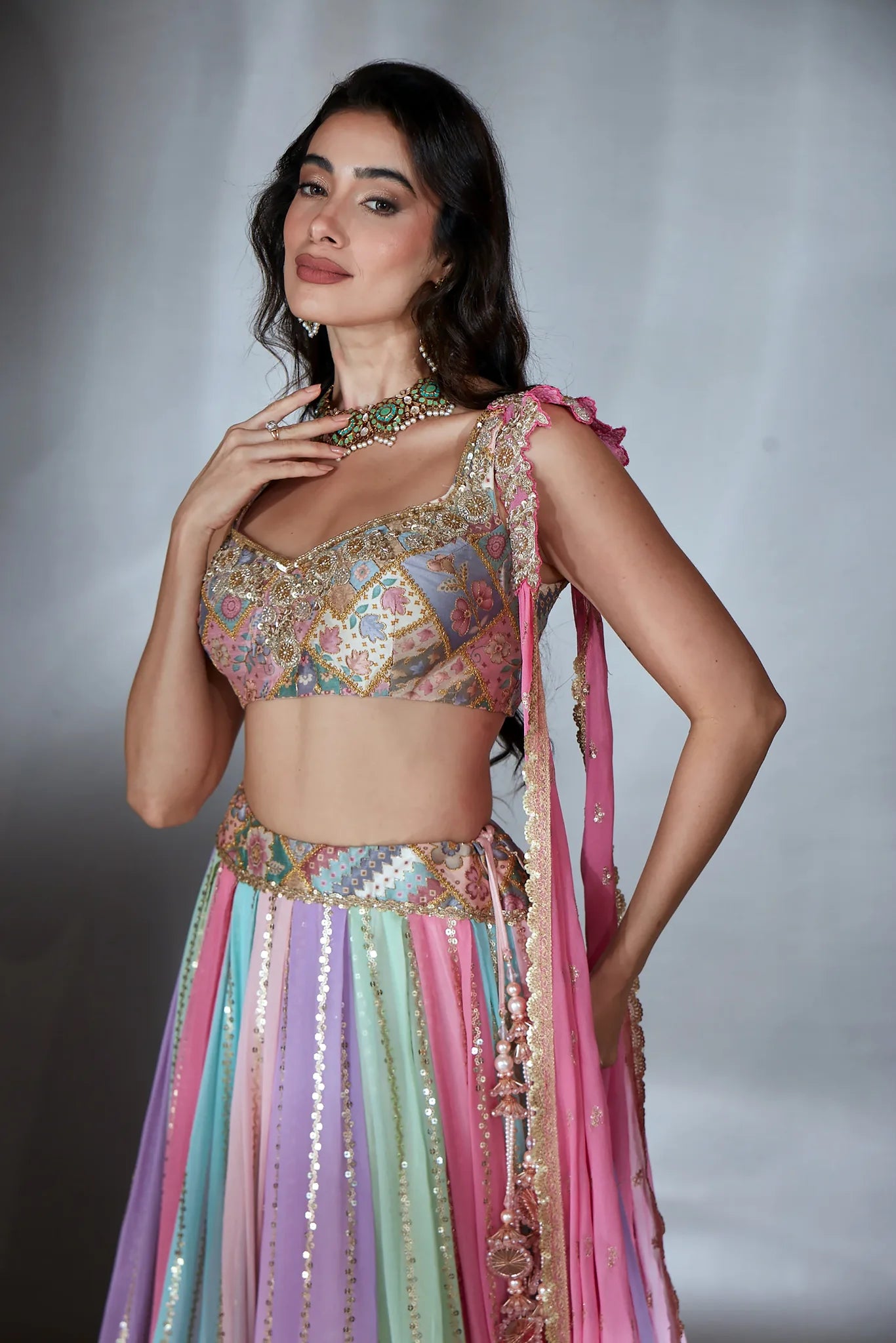 Pastel Multi-Colour Embroidered Kali Lehenga Set - Saaj 31st10404