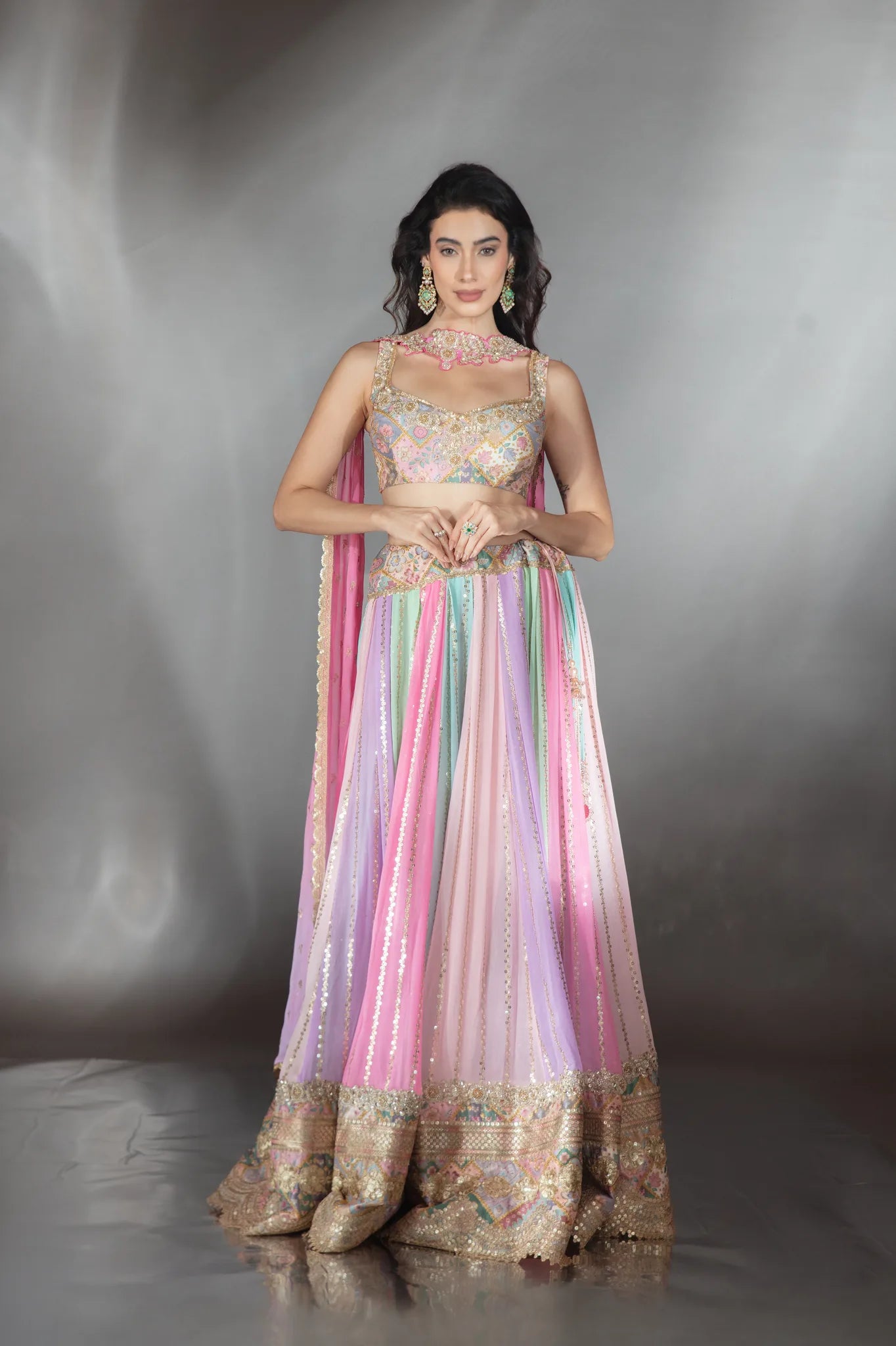 Pastel Multi-Colour Embroidered Kali Lehenga Set - Saaj 31st10430