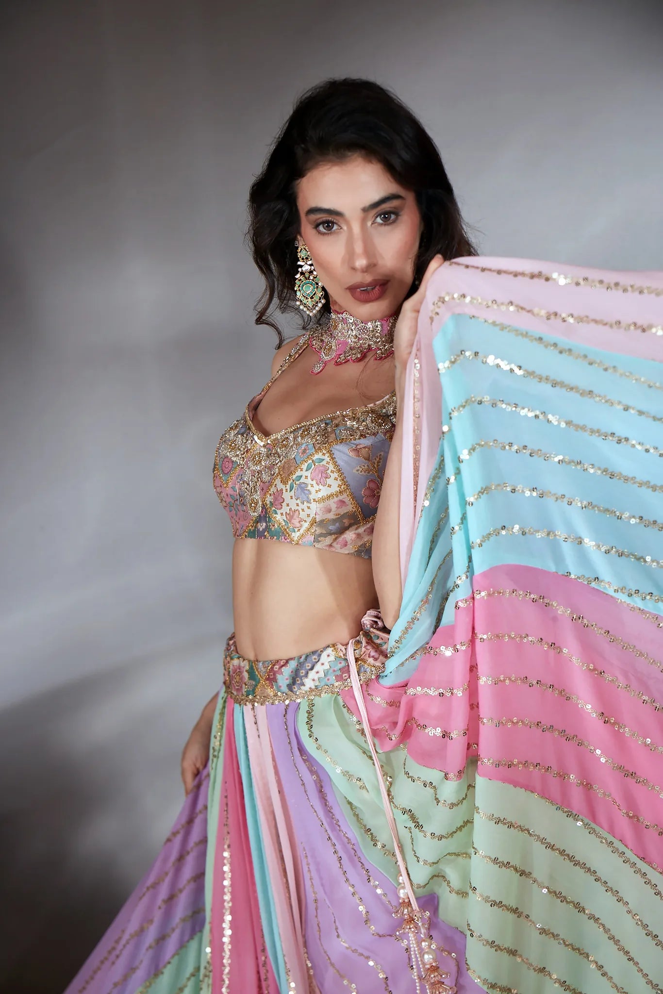 Pastel Multi-Colour Embroidered Kali Lehenga Set - Saaj 31st10442