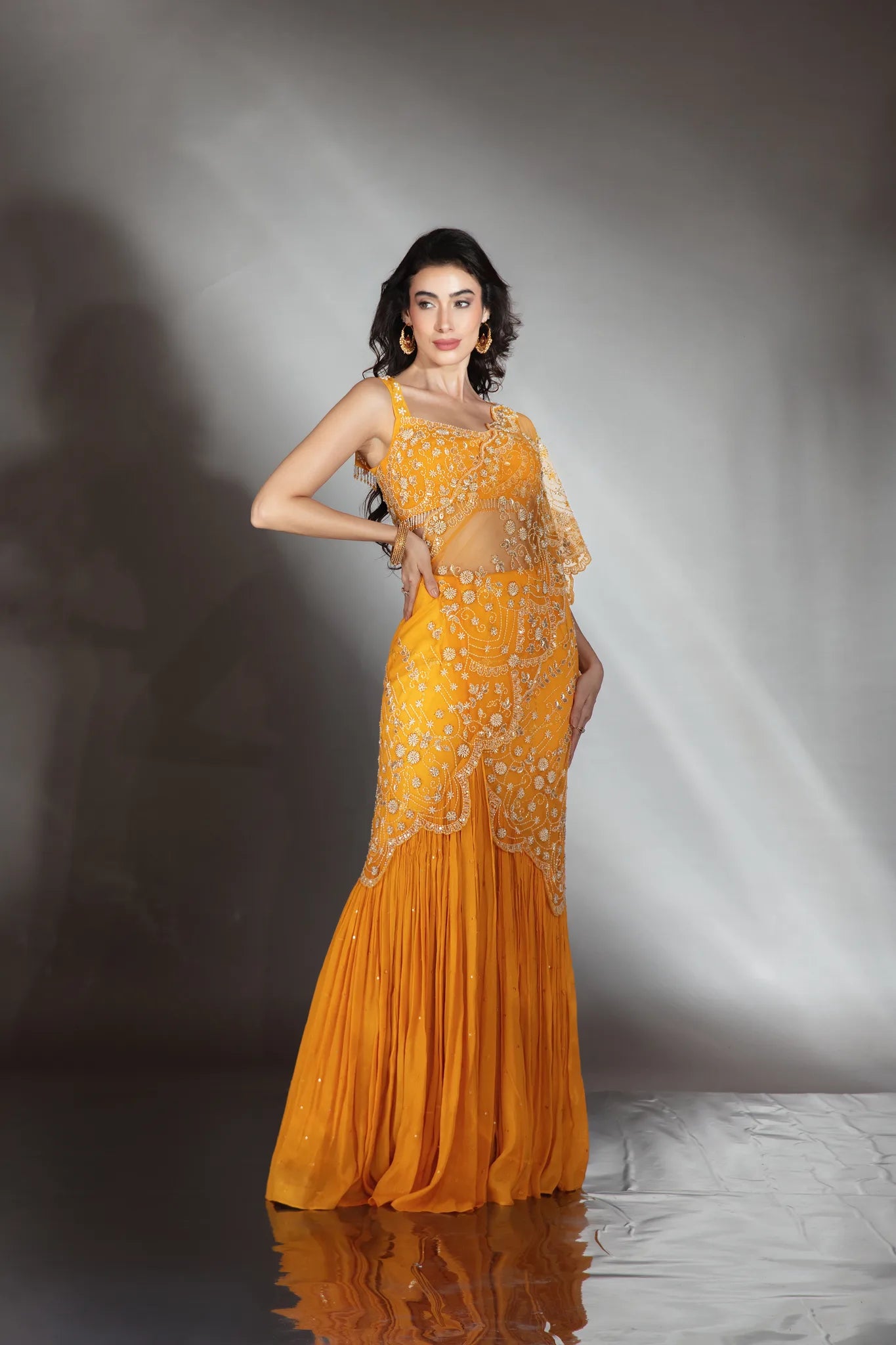 Mustard Embellished Drape Saree Set - Saaj 31st10641