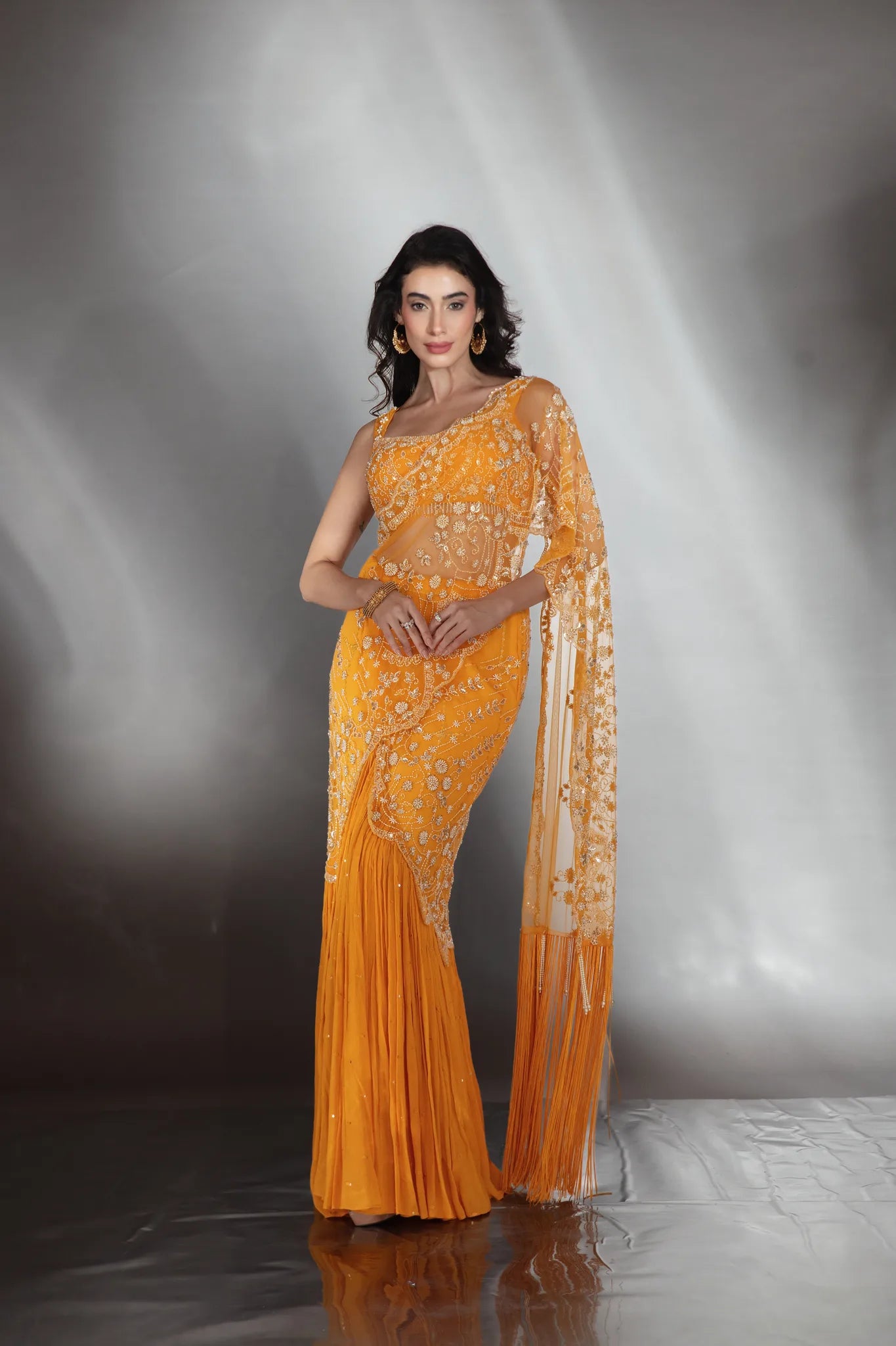 Mustard Embellished Drape Saree Set - Saaj 31st10649