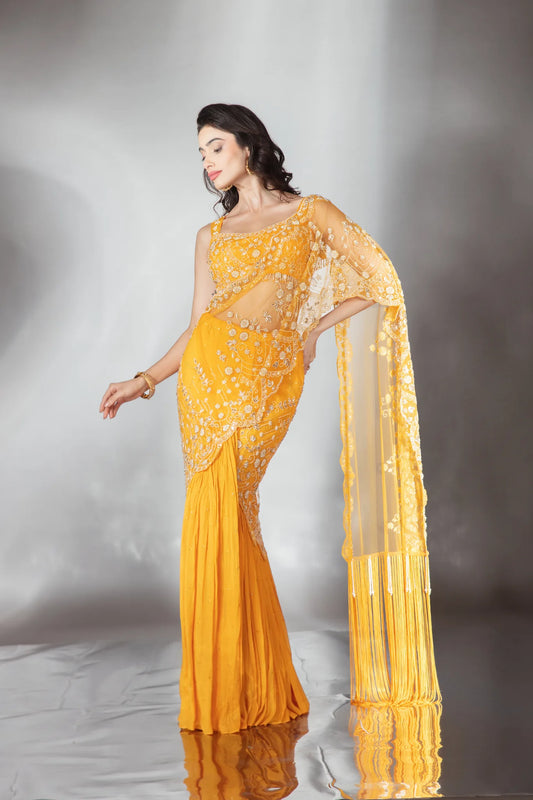 Mustard Embellished Drape Saree Set - Saaj 31st10683