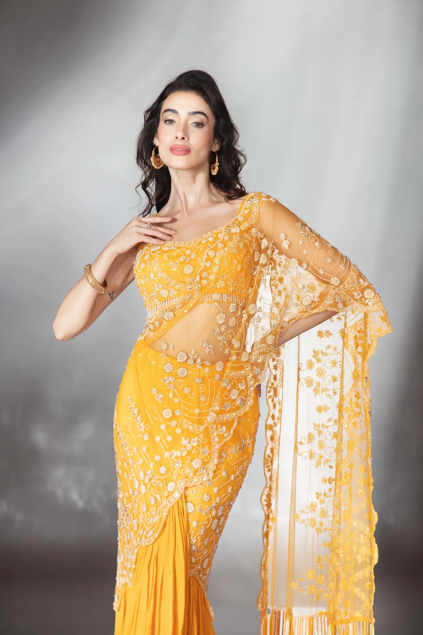 Mustard Embellished Drape Saree Set - Saaj 31st10686