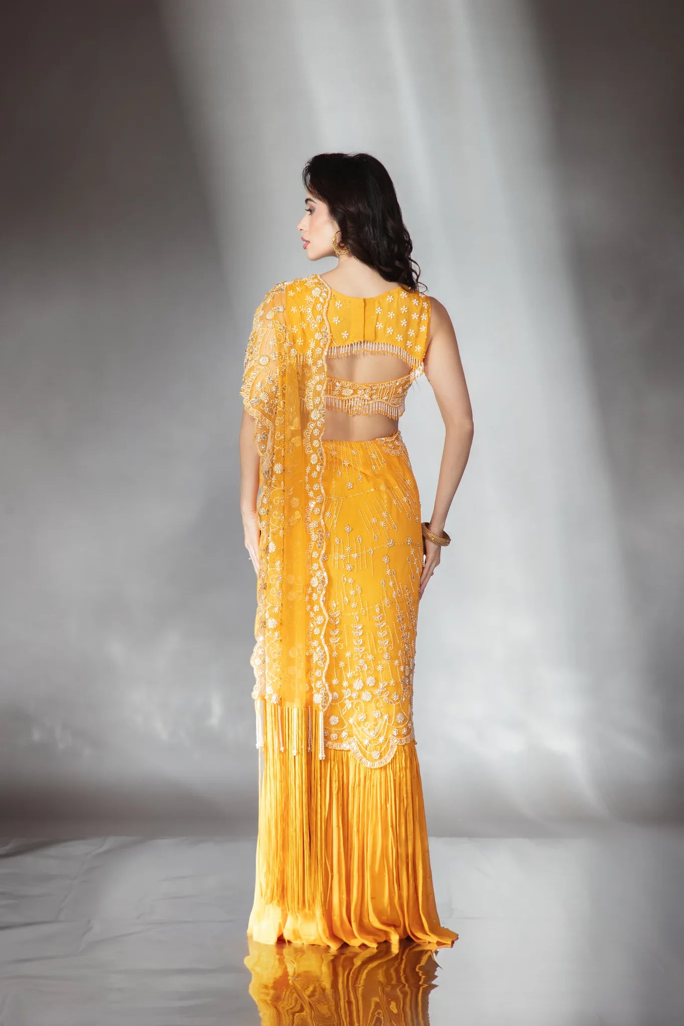 Mustard Embellished Drape Saree Set - Saaj 31st10703