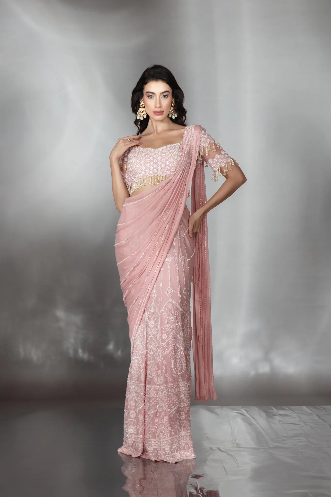 Blush Pink Pre-Draped Kali Saree Set - Saaj 31st10784