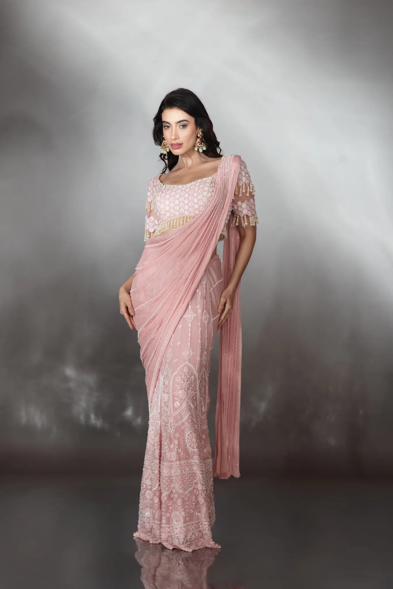 Blush Pink Pre-Draped Kali Saree Set - Saaj 31st10793