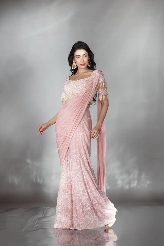 Blush Pink Pre-Draped Kali Saree Set - Saaj 31st10796