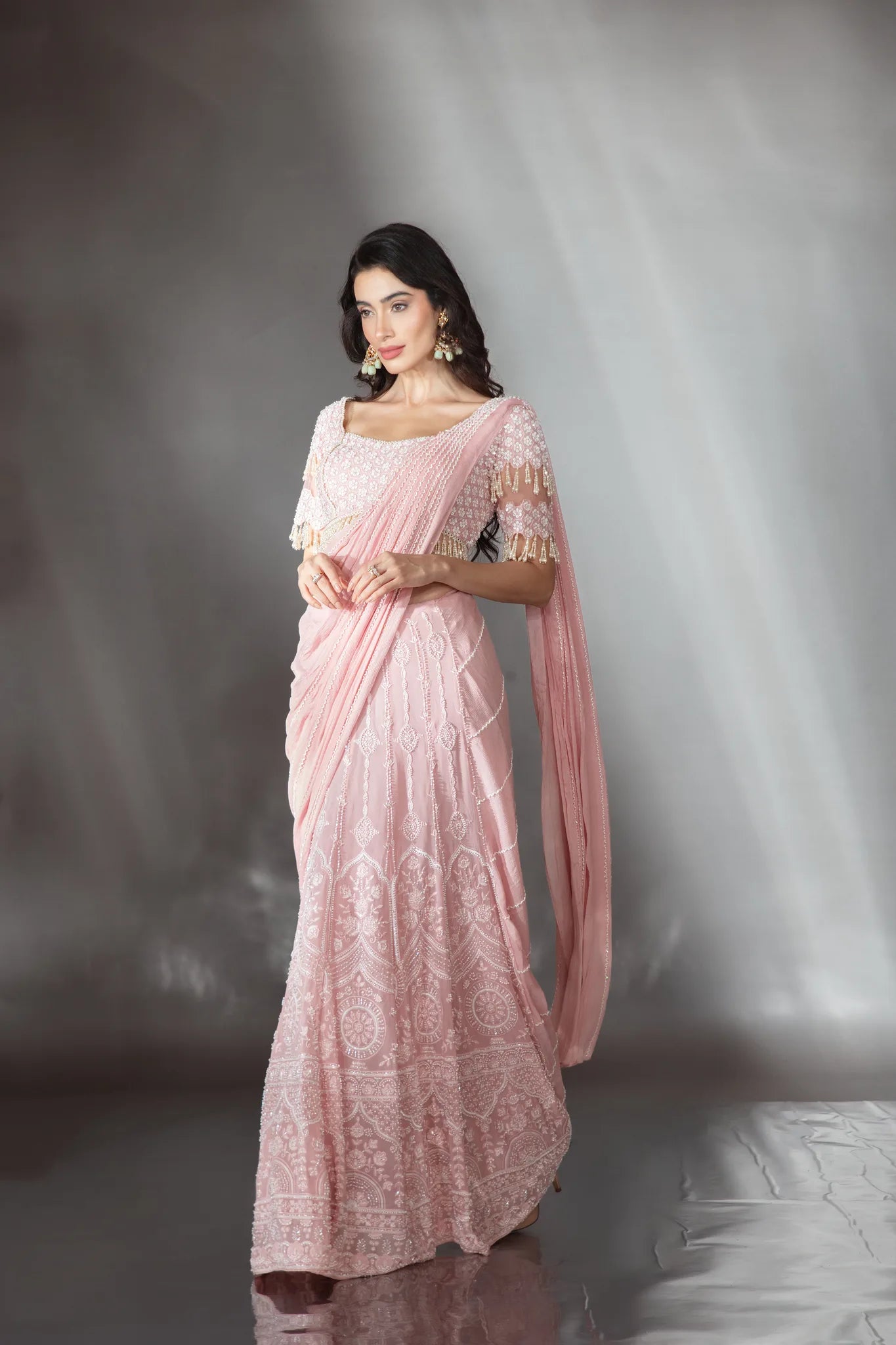 Blush Pink Pre-Draped Kali Saree Set - Saaj 31st10830