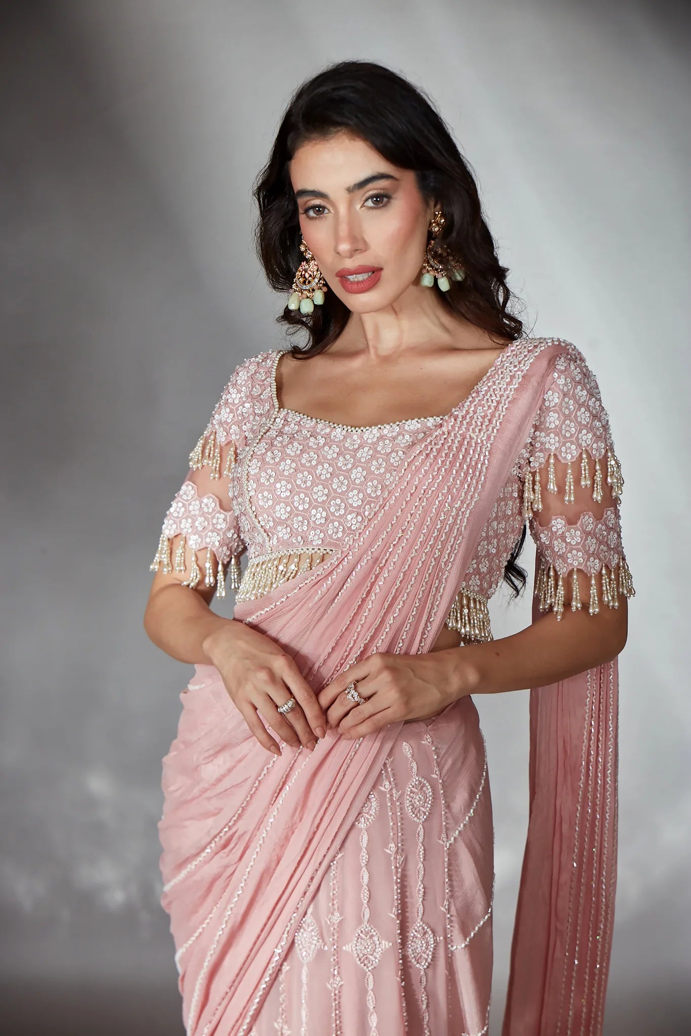 Blush Pink Pre-Draped Kali Saree Set - Saaj 31st10832