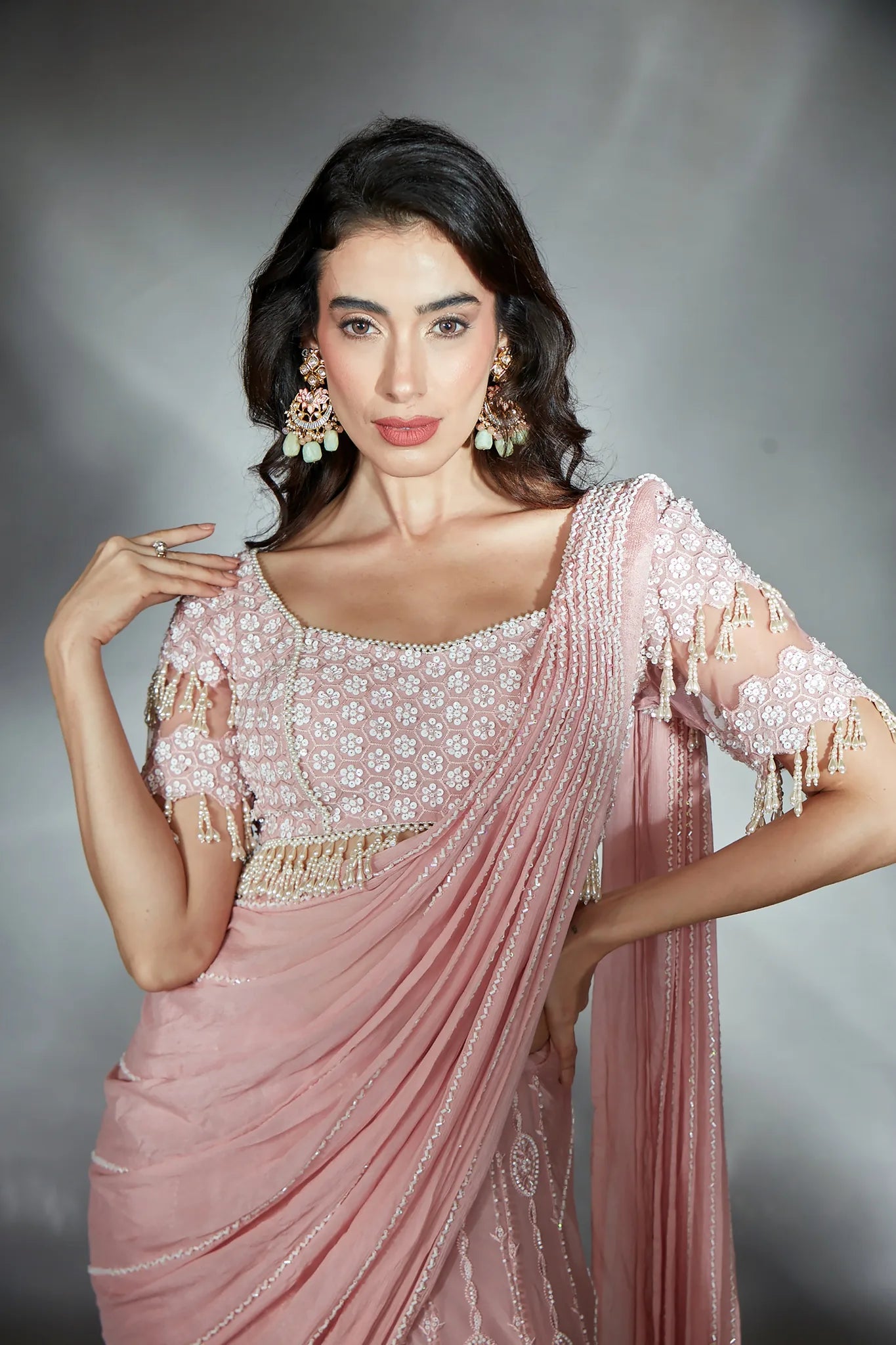Blush Pink Pre-Draped Kali Saree Set - Saaj 31st10849