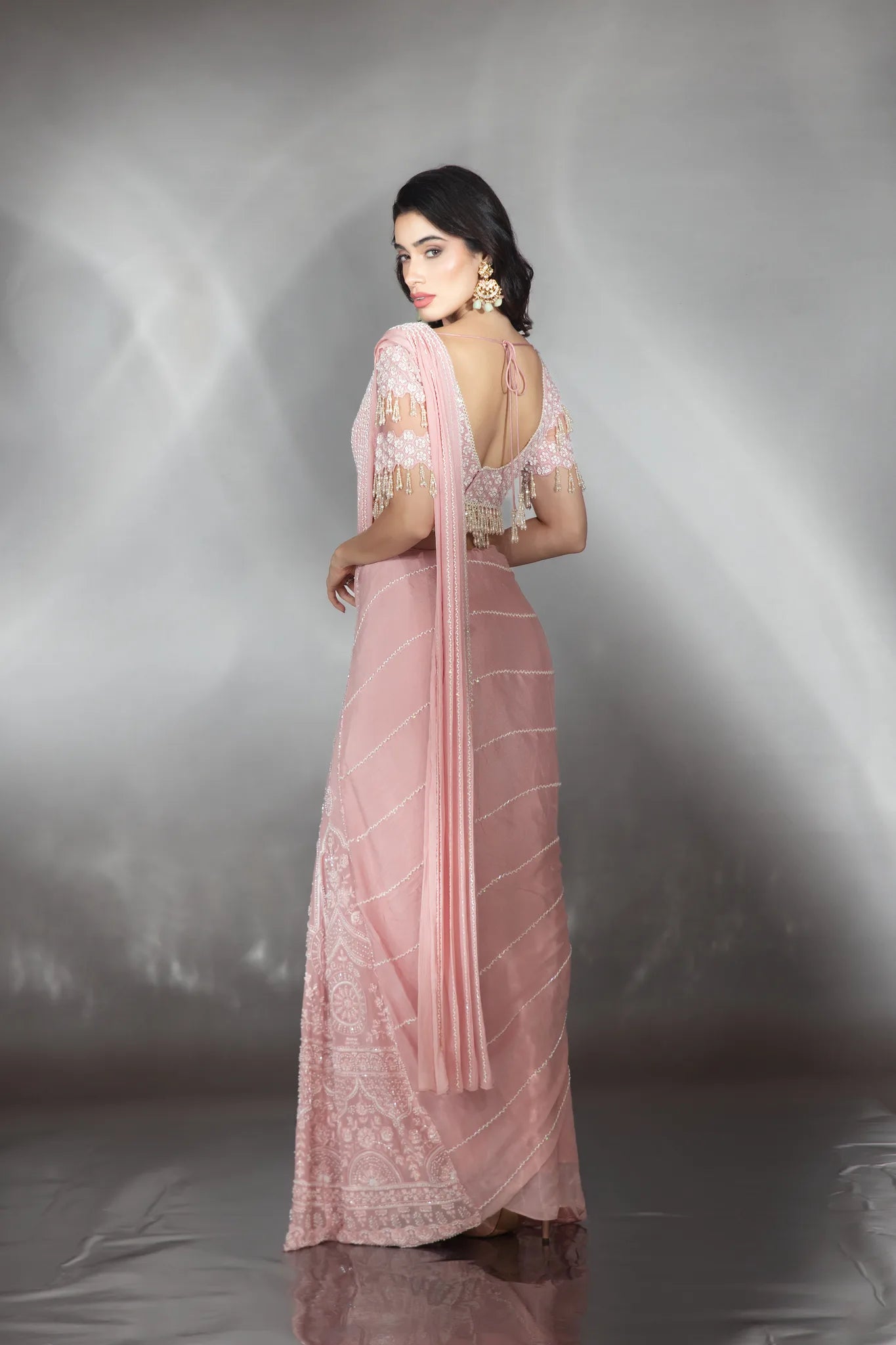 Blush Pink Pre-Draped Kali Saree Set - Saaj 31st10852