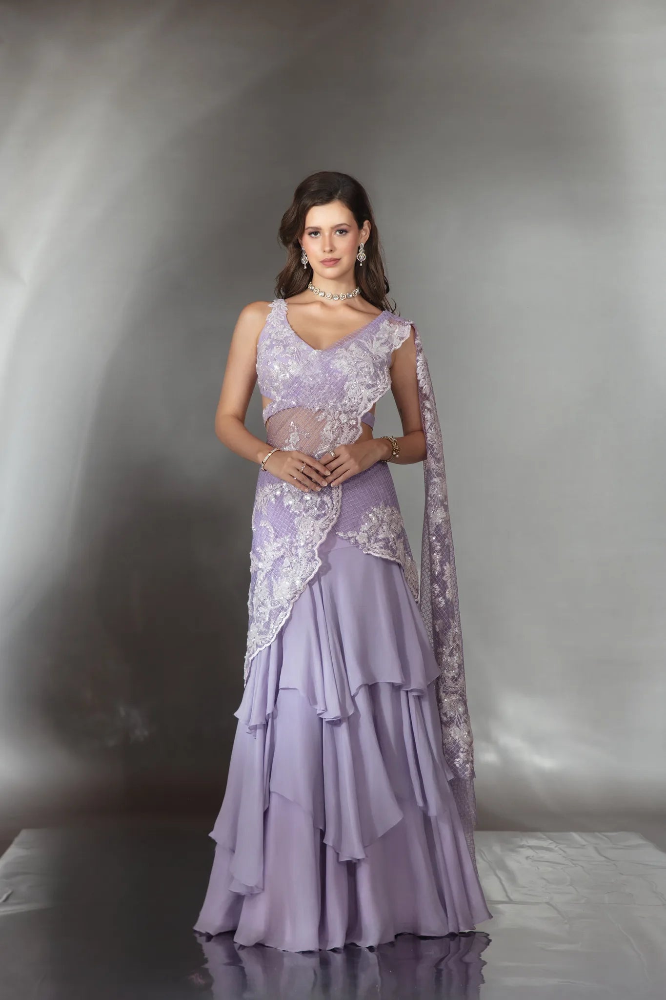 Lilac Mermaid Cut Lehenga Saree Set - Saaj 31st10866