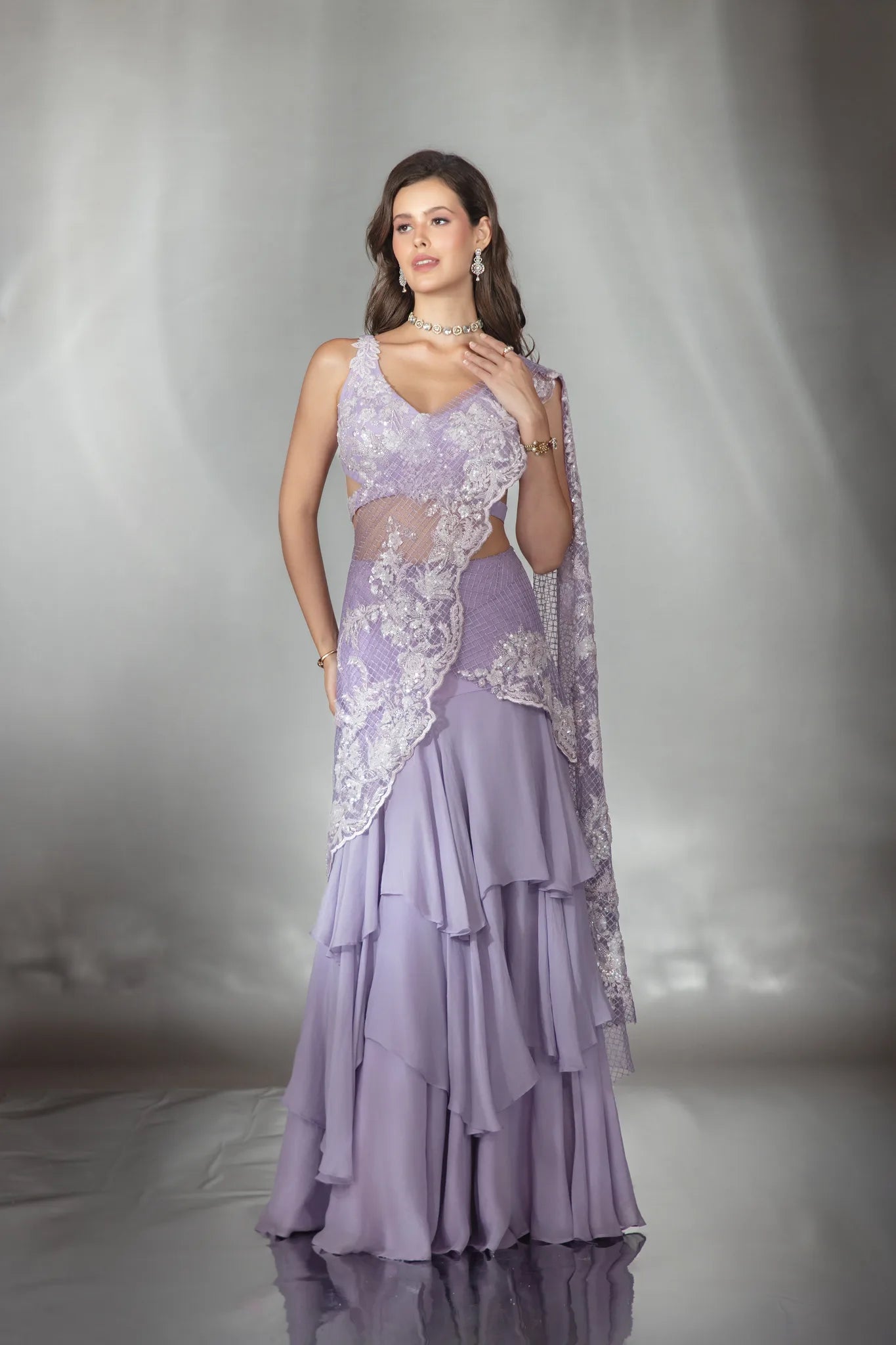 Lilac Mermaid Cut Lehenga Saree Set - Saaj 31st10868