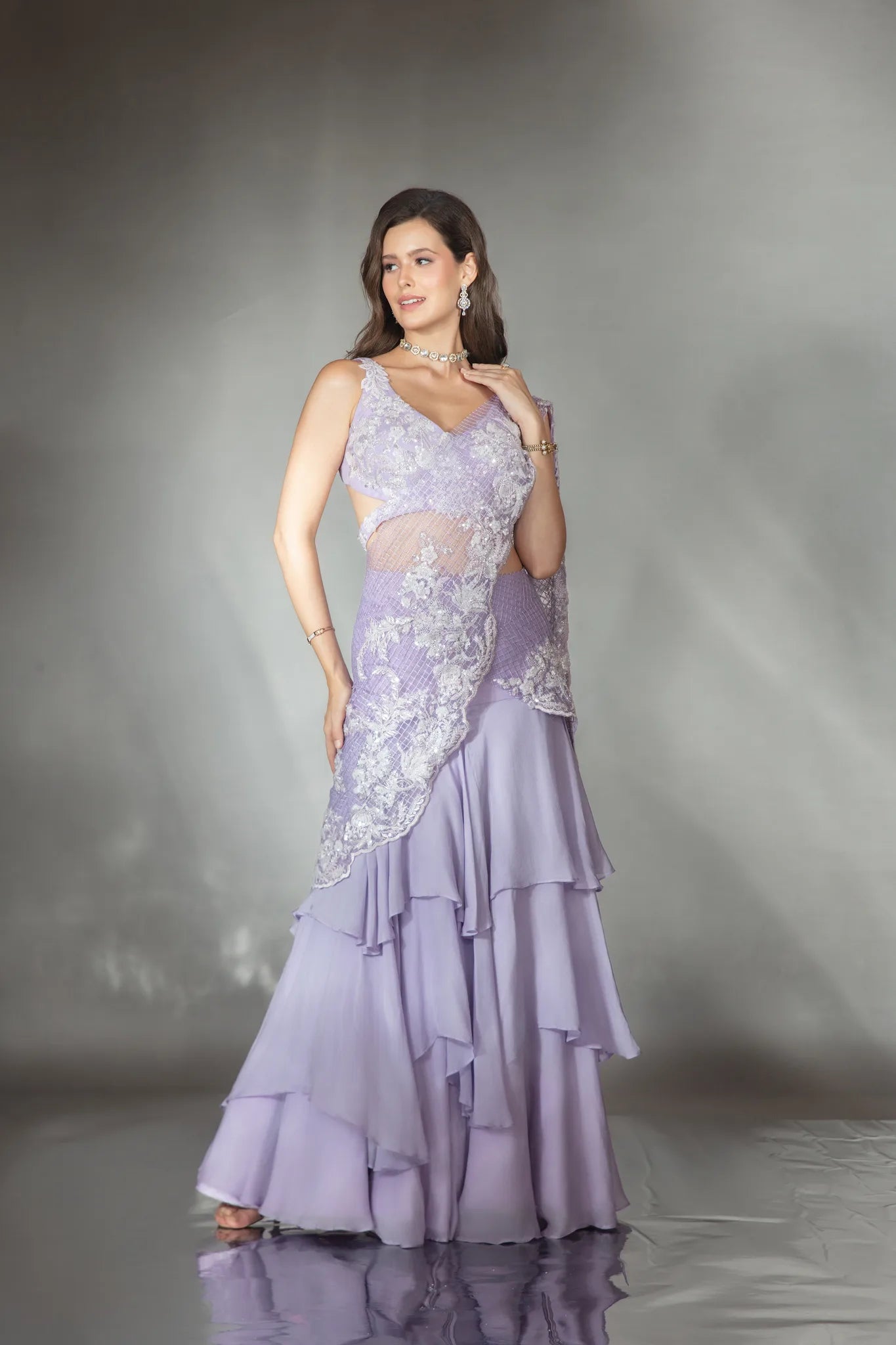 Lilac Mermaid Cut Lehenga Saree Set - Saaj 31st10922