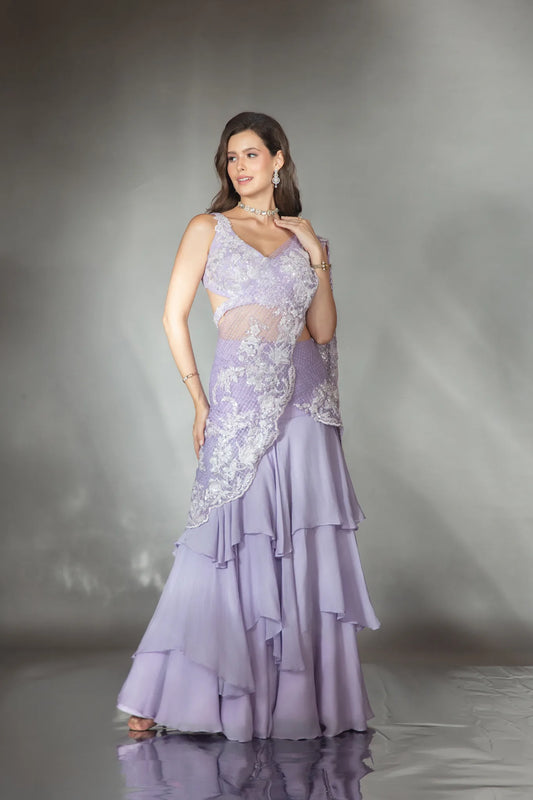 Lilac Mermaid Cut Lehenga Saree Set - Saaj 31st10922