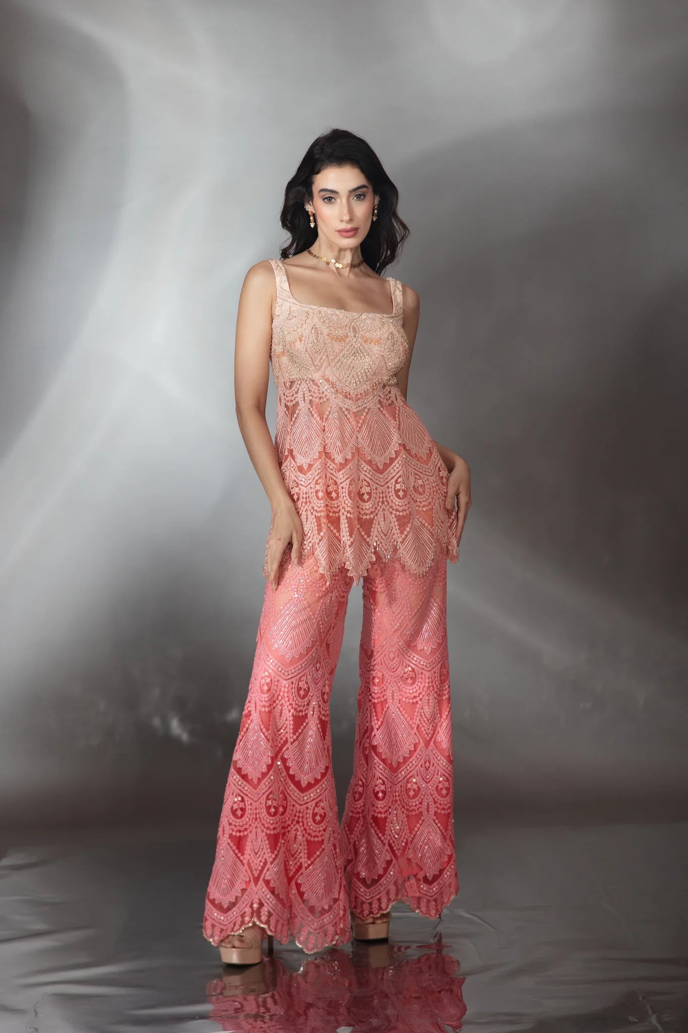 Coral Ombre Embroidered Co-ord Set - Saaj 31st10970