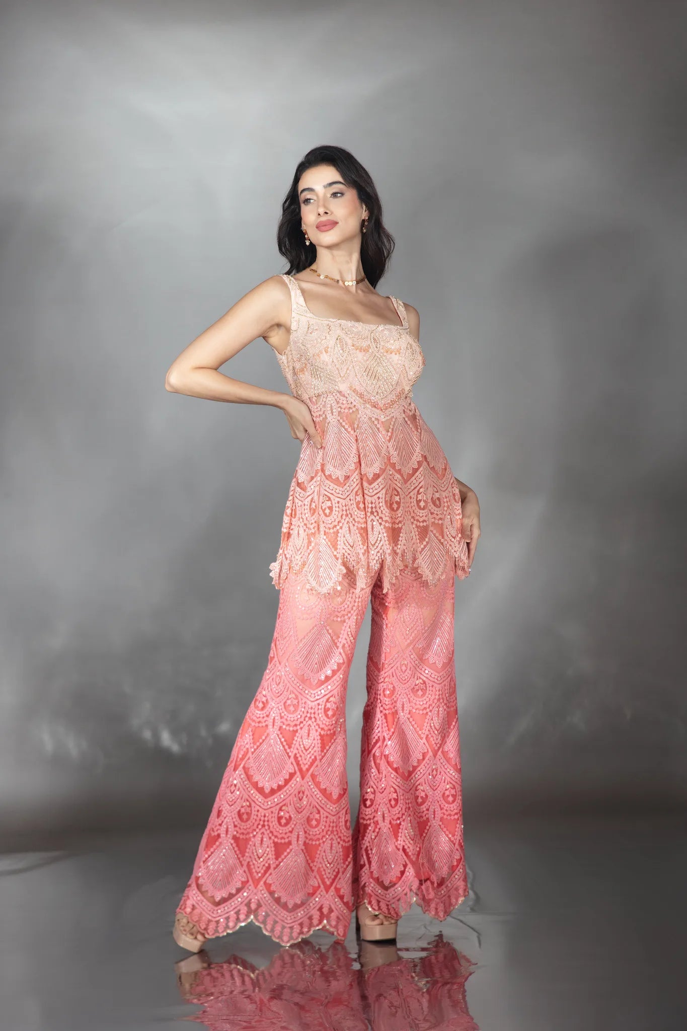 Coral Ombre Embroidered Co-ord Set - Saaj 31st10987