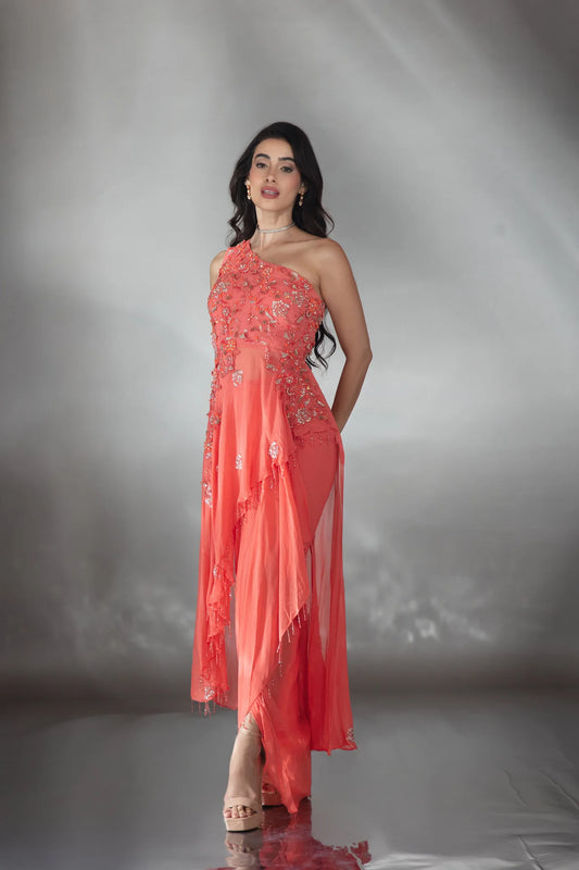 Ember Coral Asymmetrical Drape Set - Saaj 31st11154